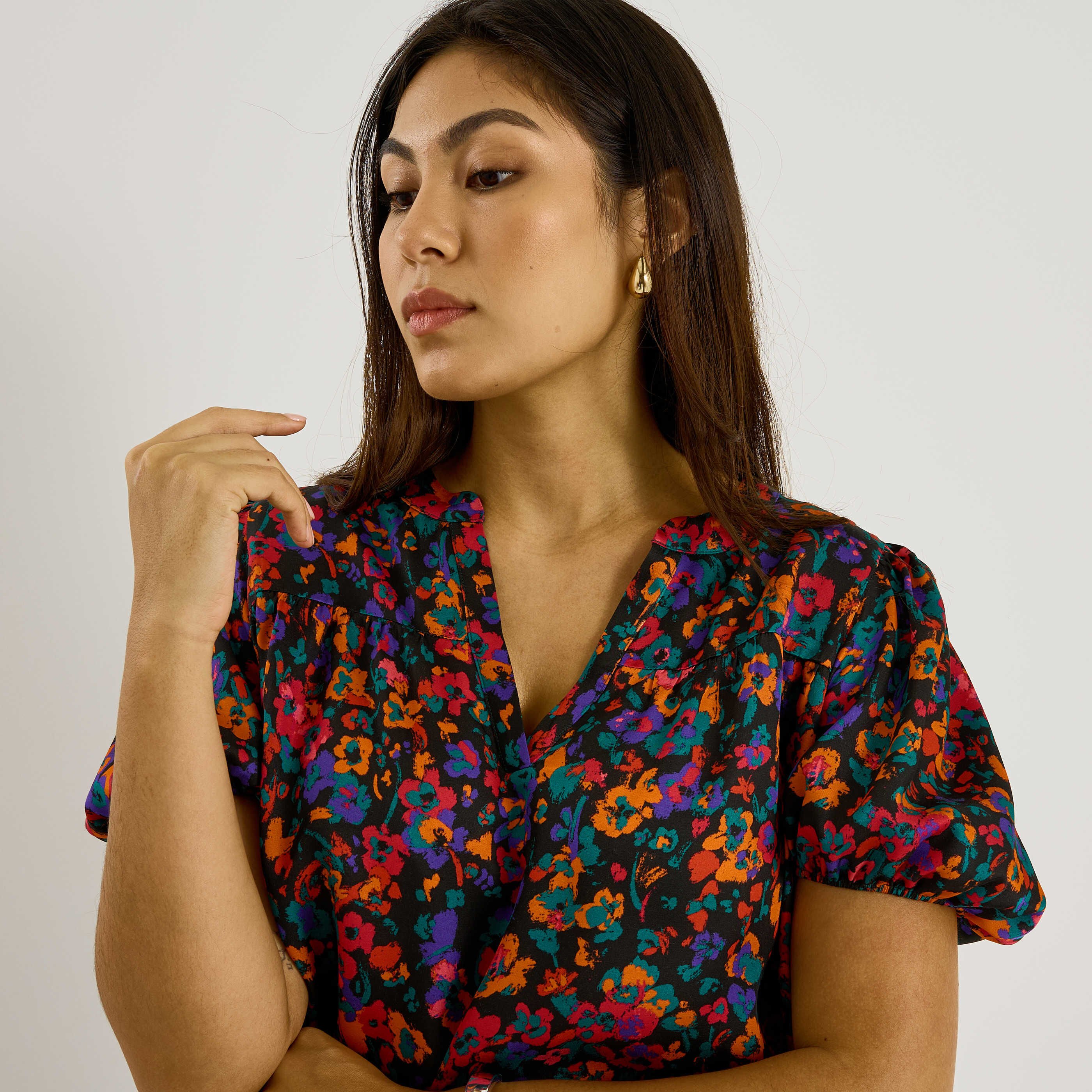 Blouse satin&eacute;e imprim&eacute; floral femme