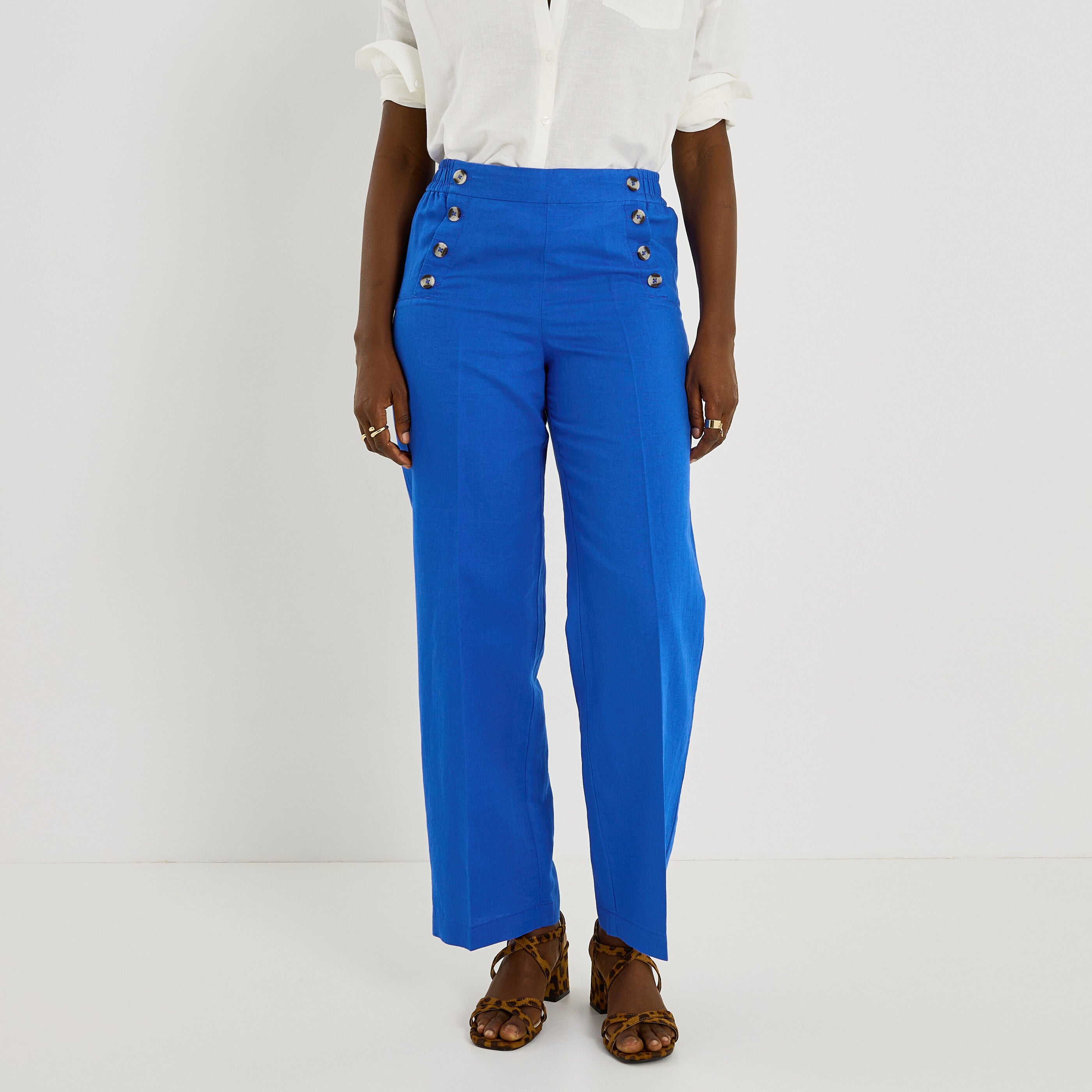Pantalon &agrave; pont en lin m&eacute;lang&eacute; femme