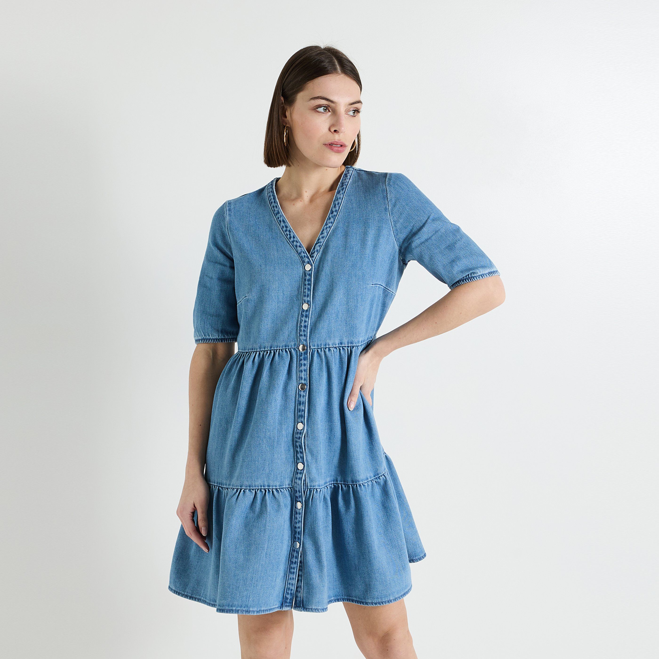 Robe en denim &agrave; volants femme