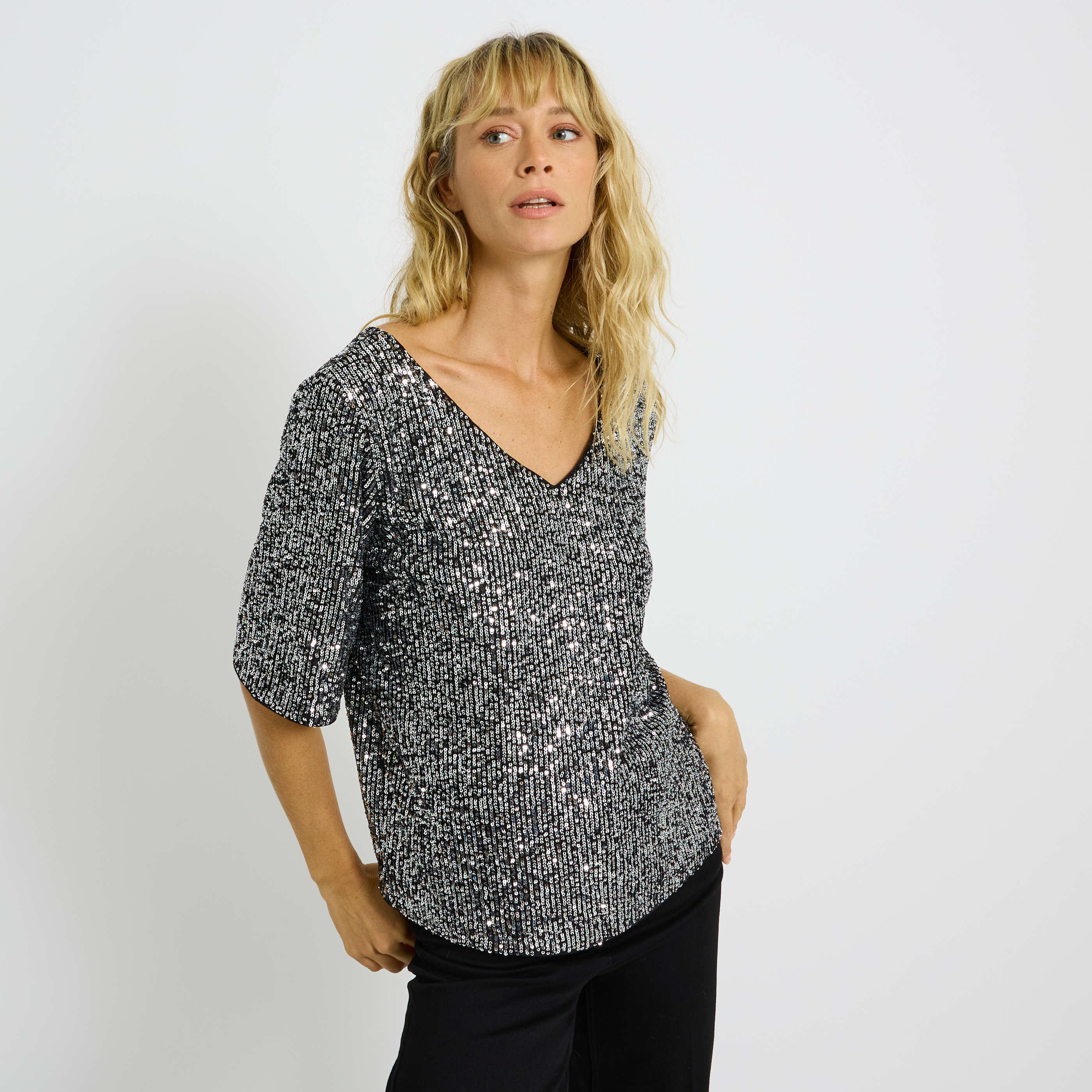 T-shirt &agrave; sequins manches courtes femme