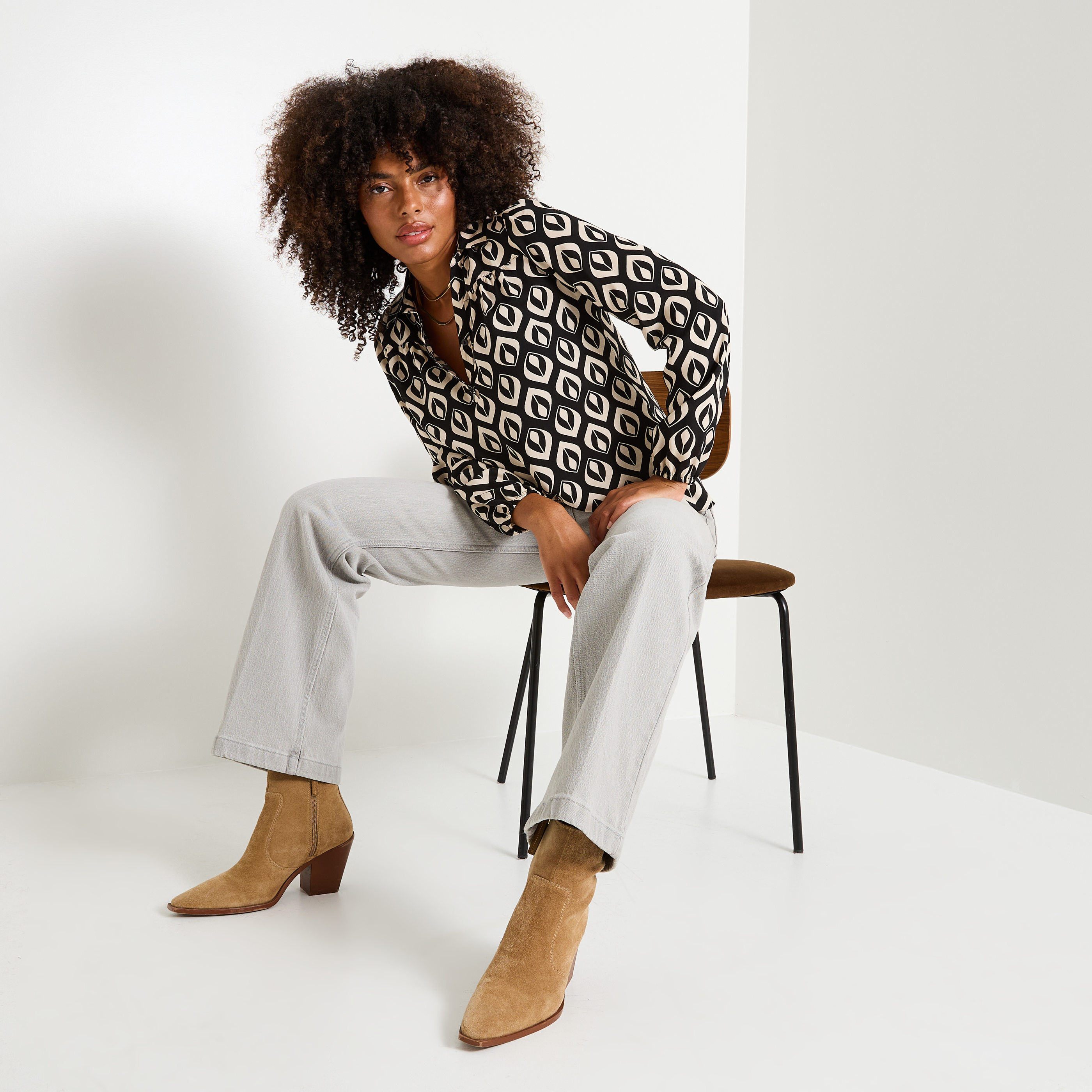 Blouse imprim&eacute;e &agrave; col chemise femme