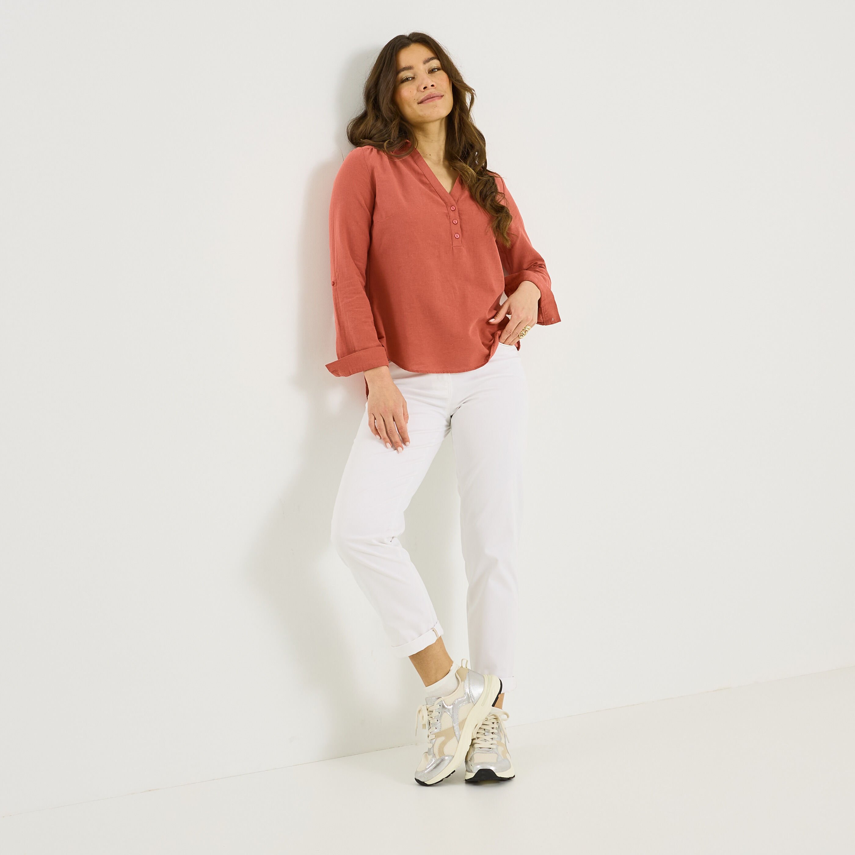 Vareuse unie en lin m&eacute;lang&eacute; femme