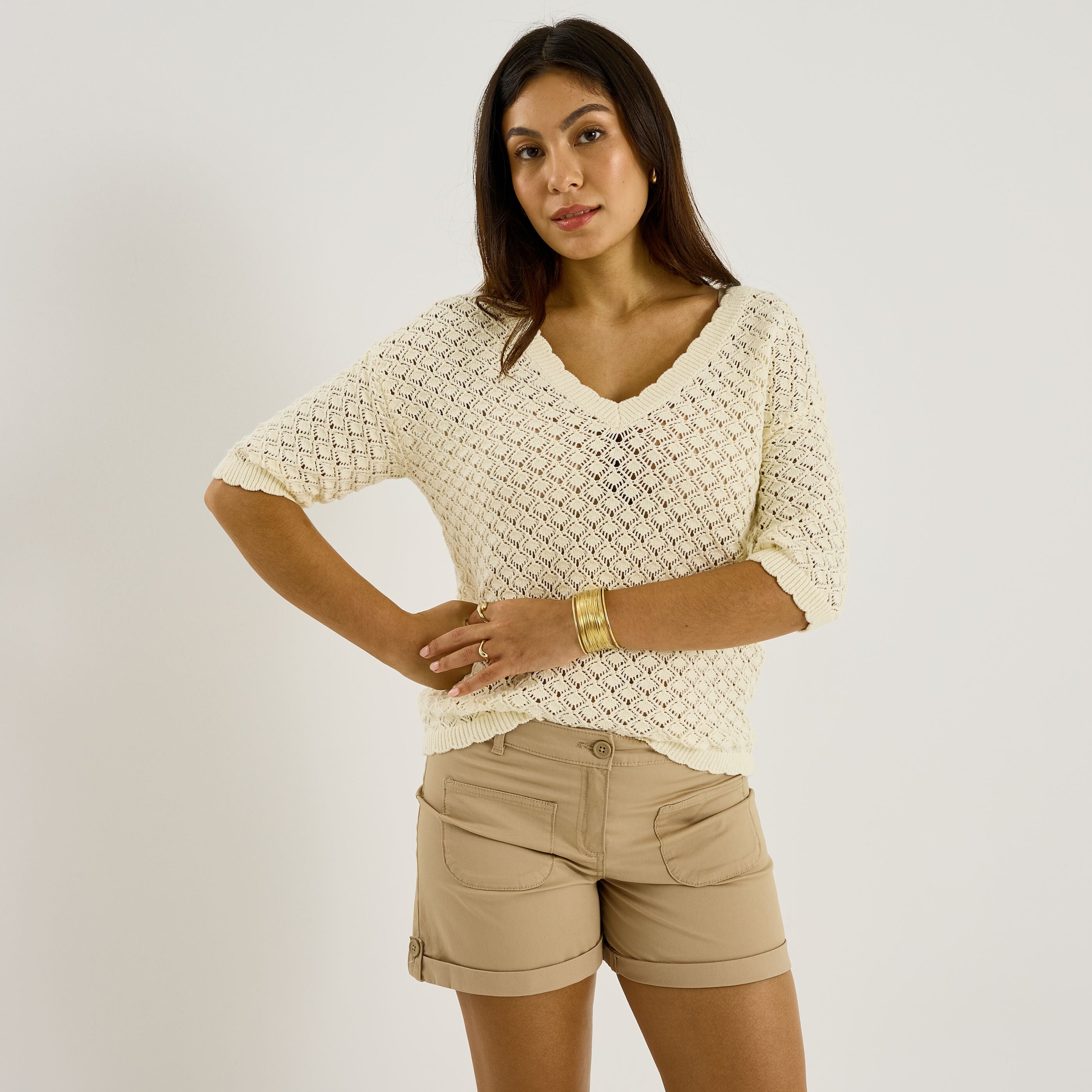 Pull ajour&eacute; manches courtes femme