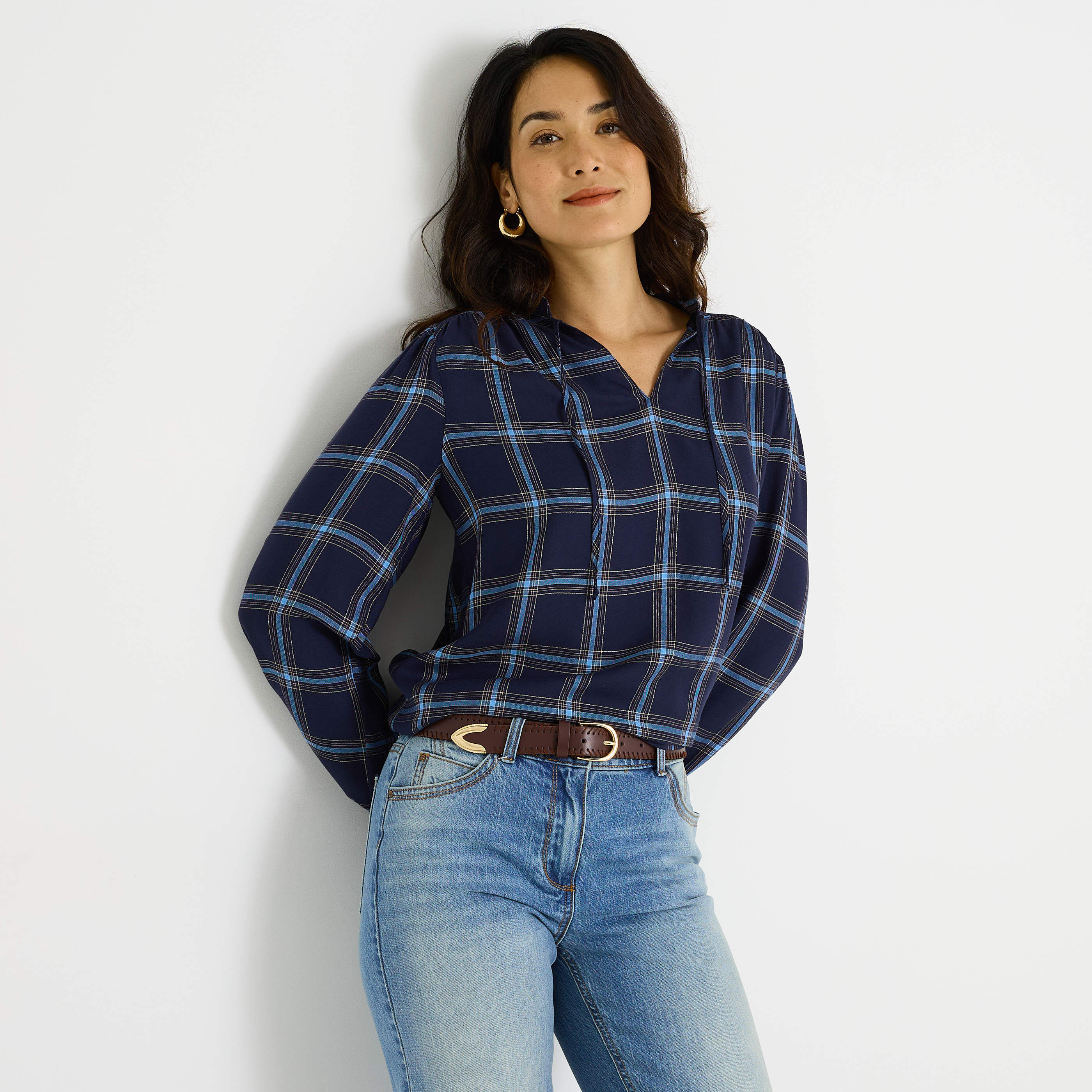 Blouse imprim&eacute; carreaux femme