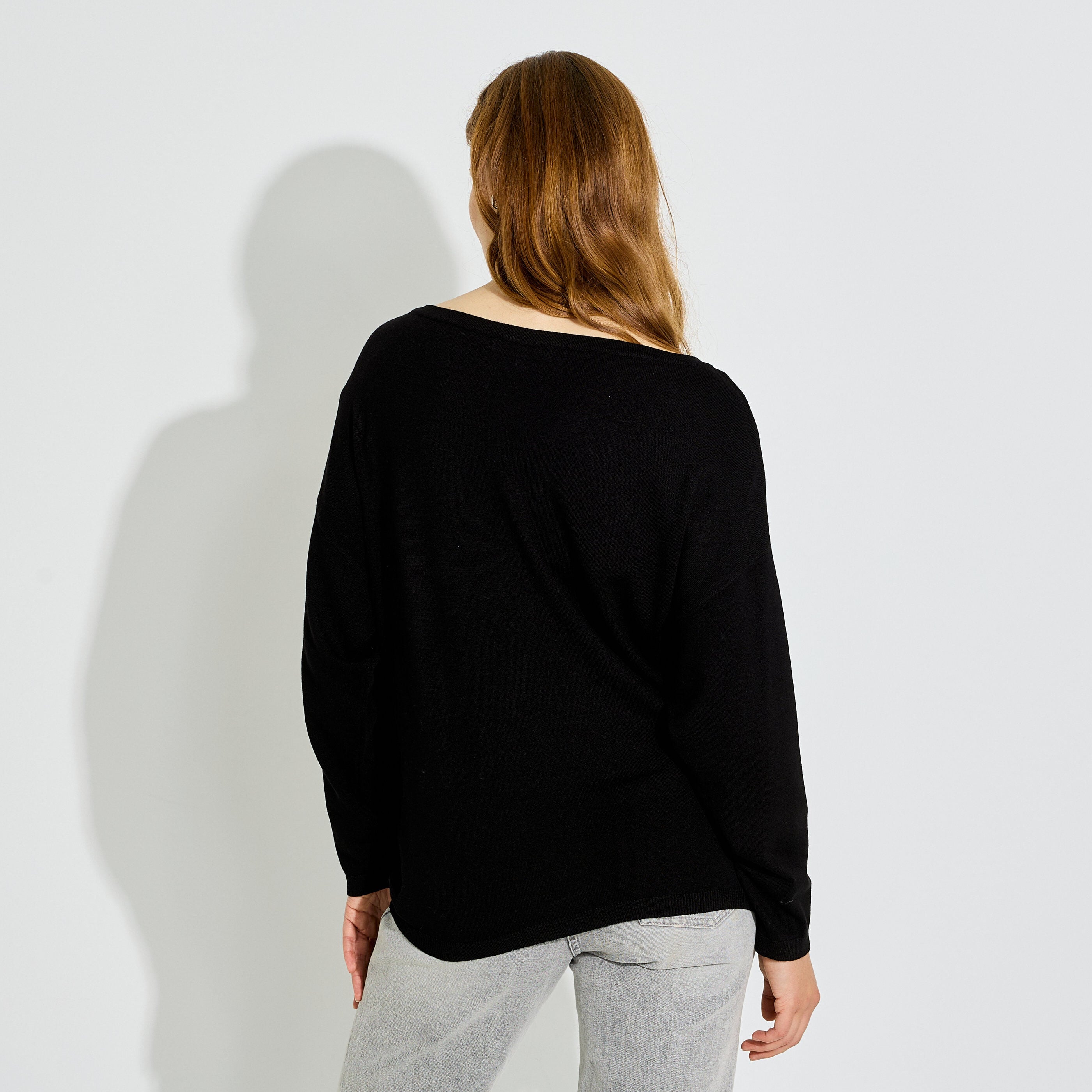 Pull fin noir col bateau &agrave; strass femme