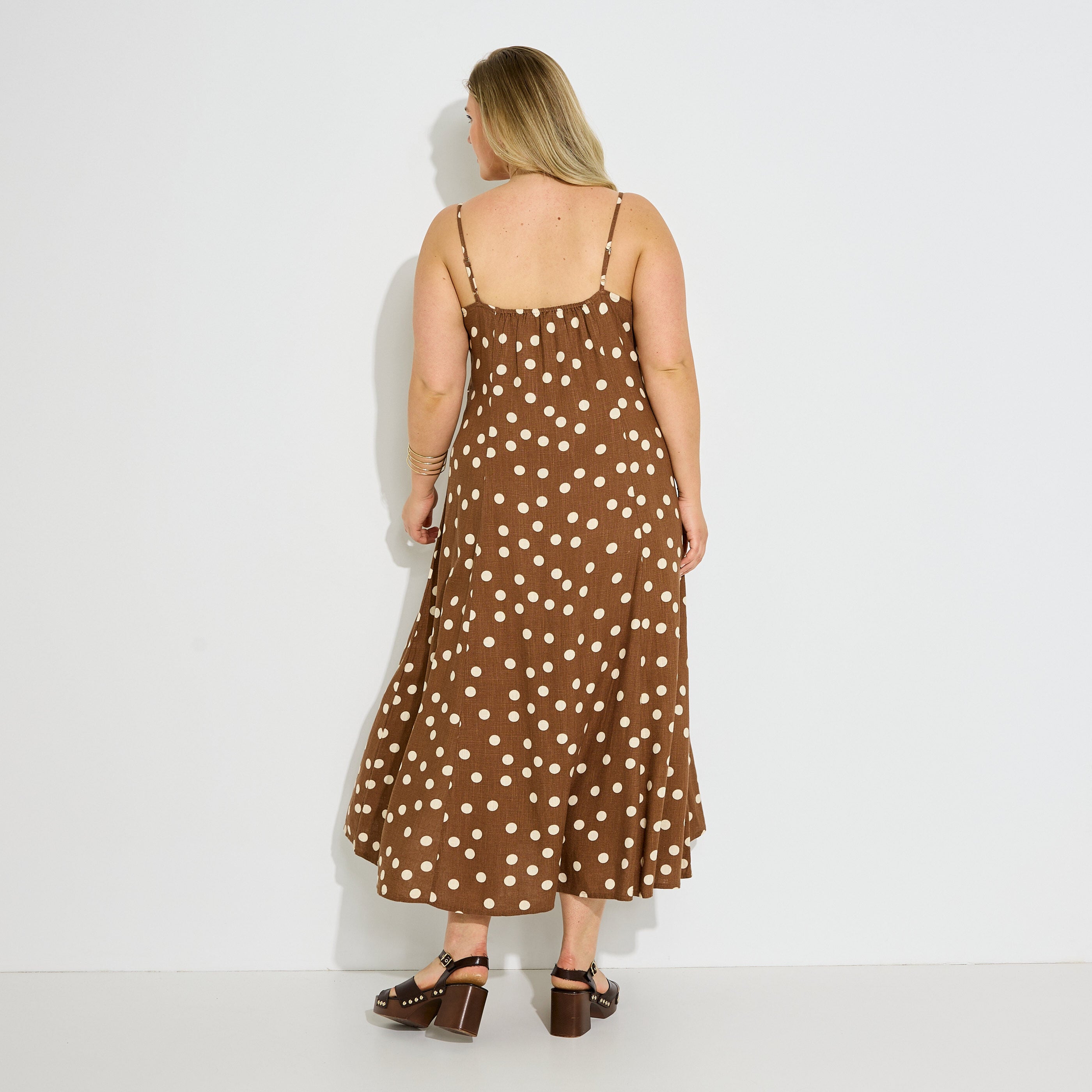 Robe longue fines bretelles motif pois 