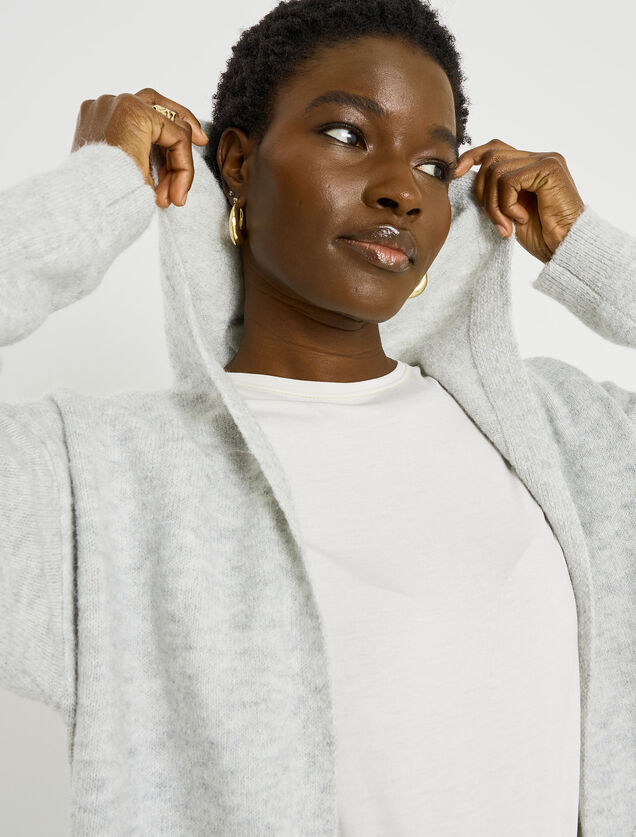 Gilet mi-long &agrave; capuche femme
