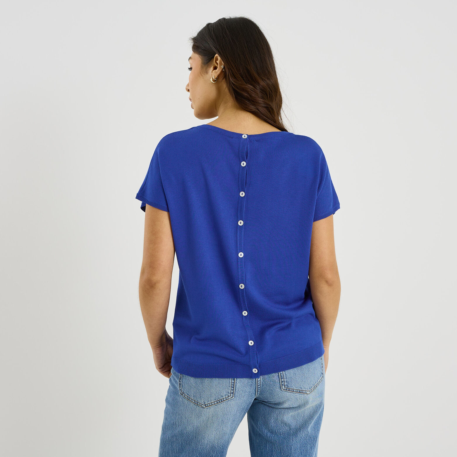 Pull manches courtes à col en V bleu foncé femme Pull manches courtes à col en V bleu foncé femme
