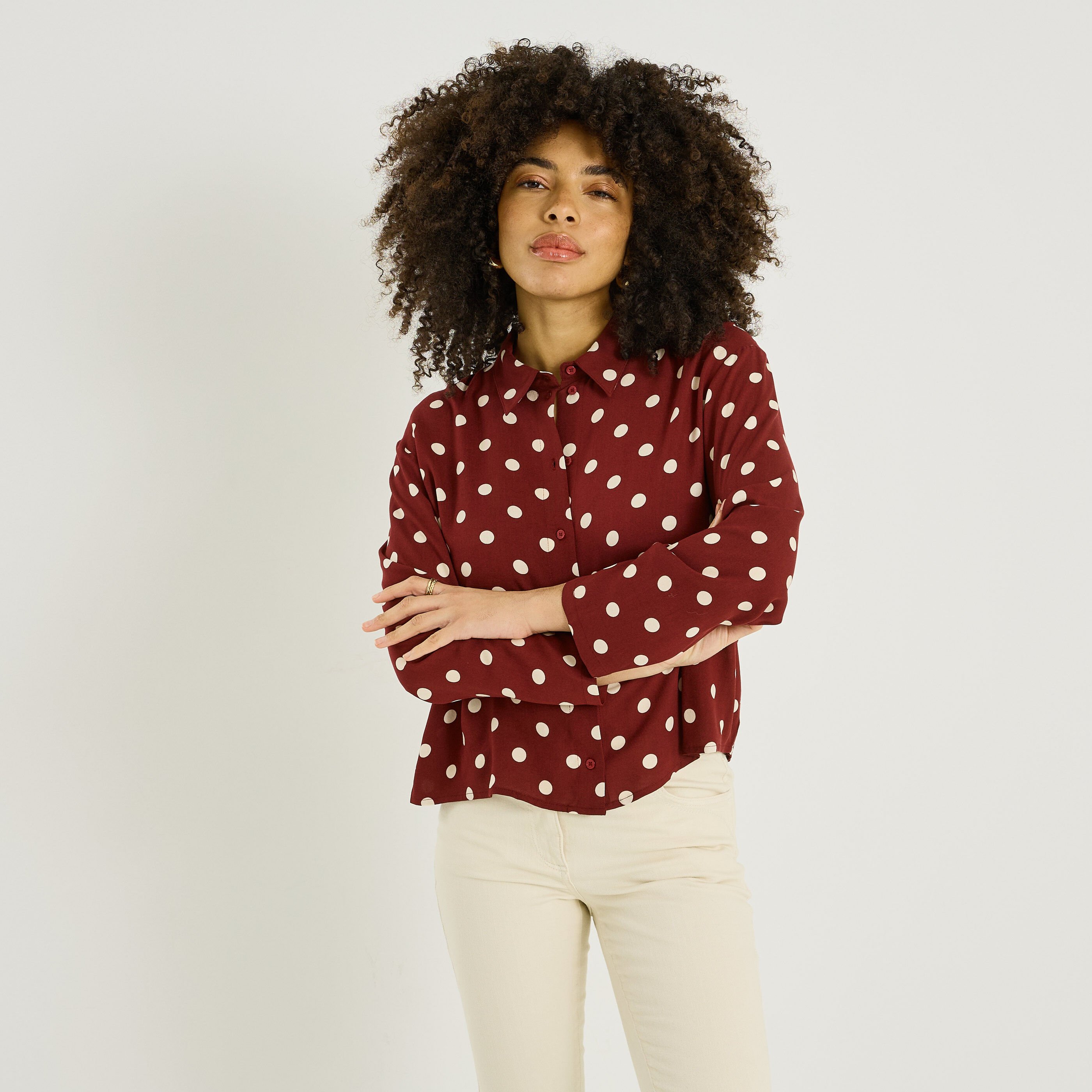Chemise raccourcie &agrave; pois femme