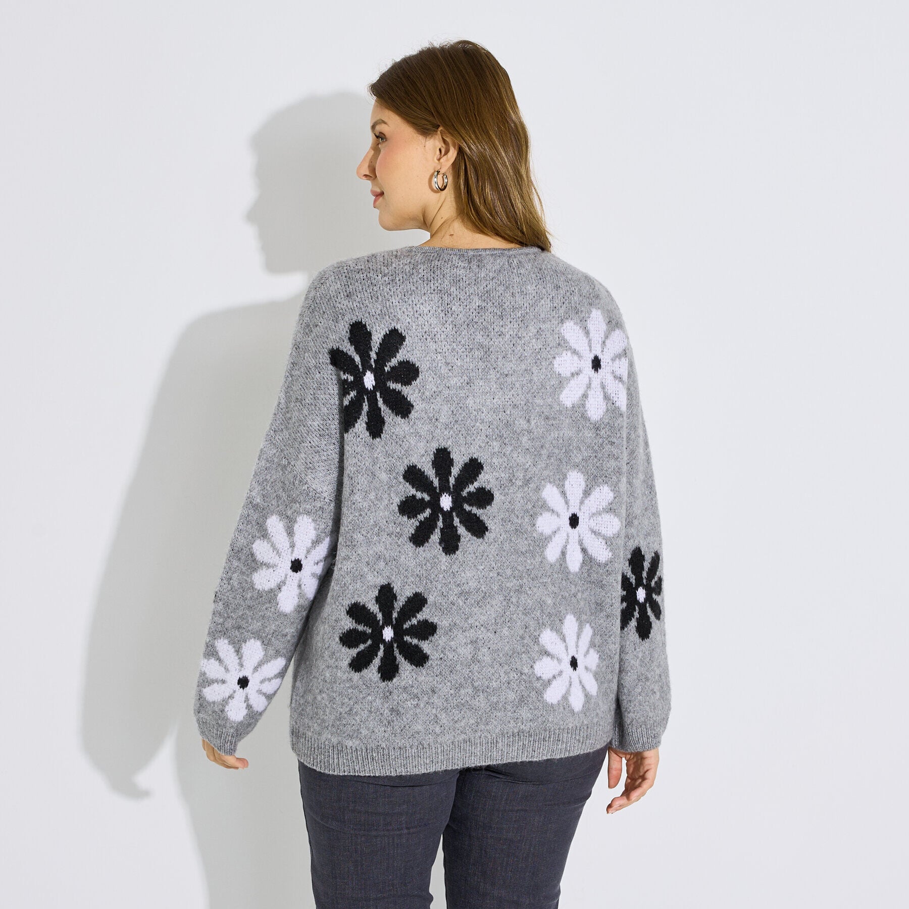 Pull col V jacquard fleuri femme