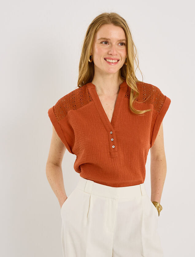 Blouse en gaze de coton &agrave; col V femme