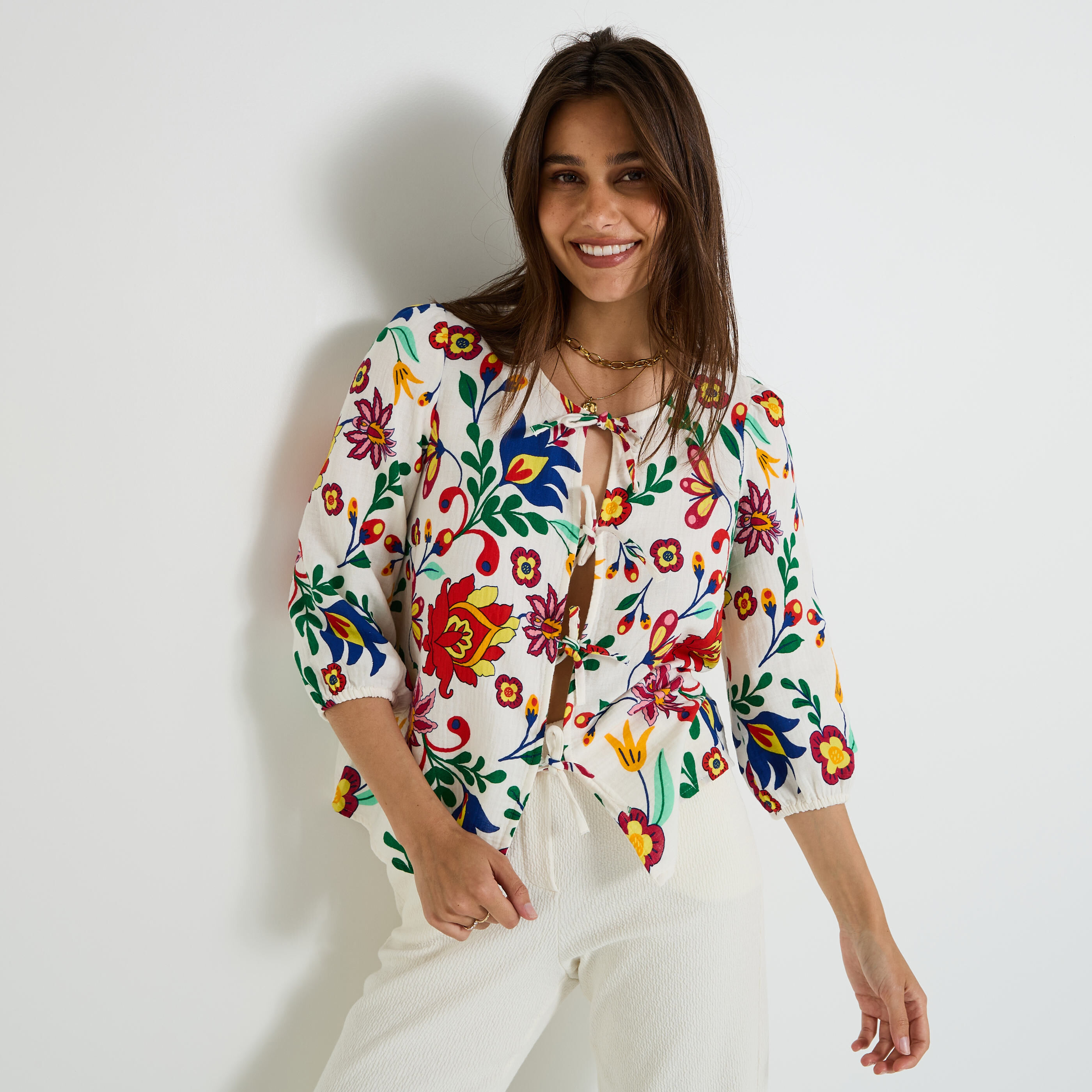 Blouse &agrave; nouer imprim&eacute;e femme