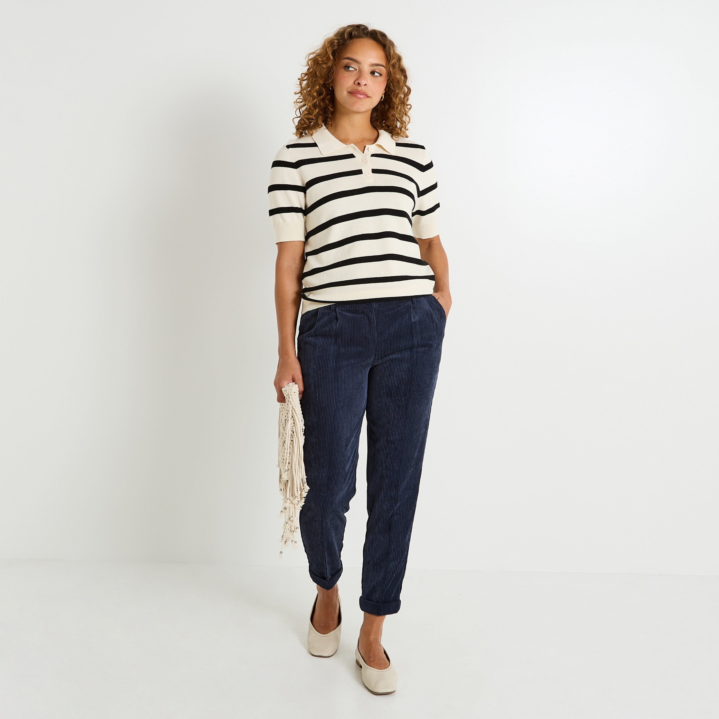 Pantalon velours &agrave; revers femme