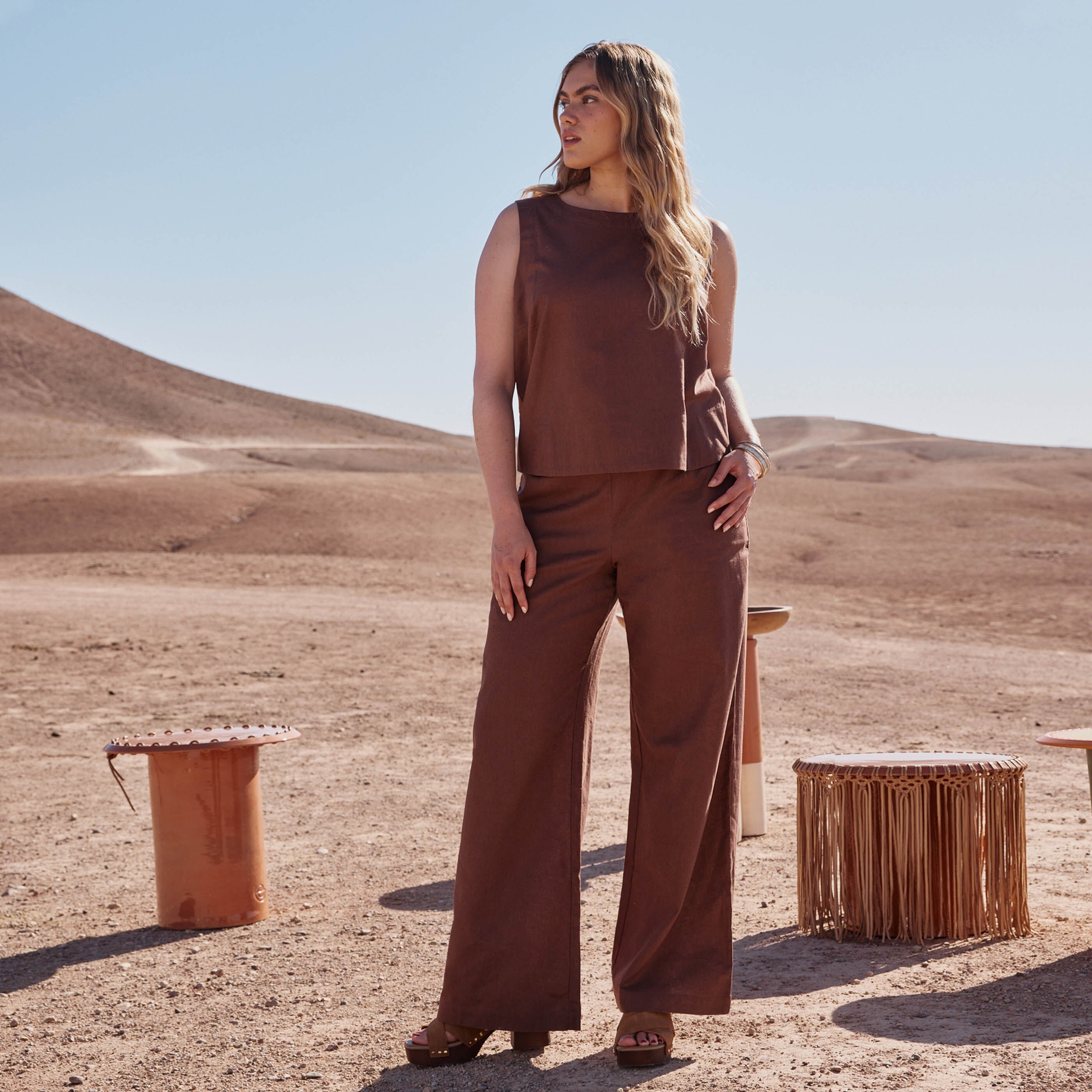 Pantalon large en lin m&eacute;lang&eacute; femme