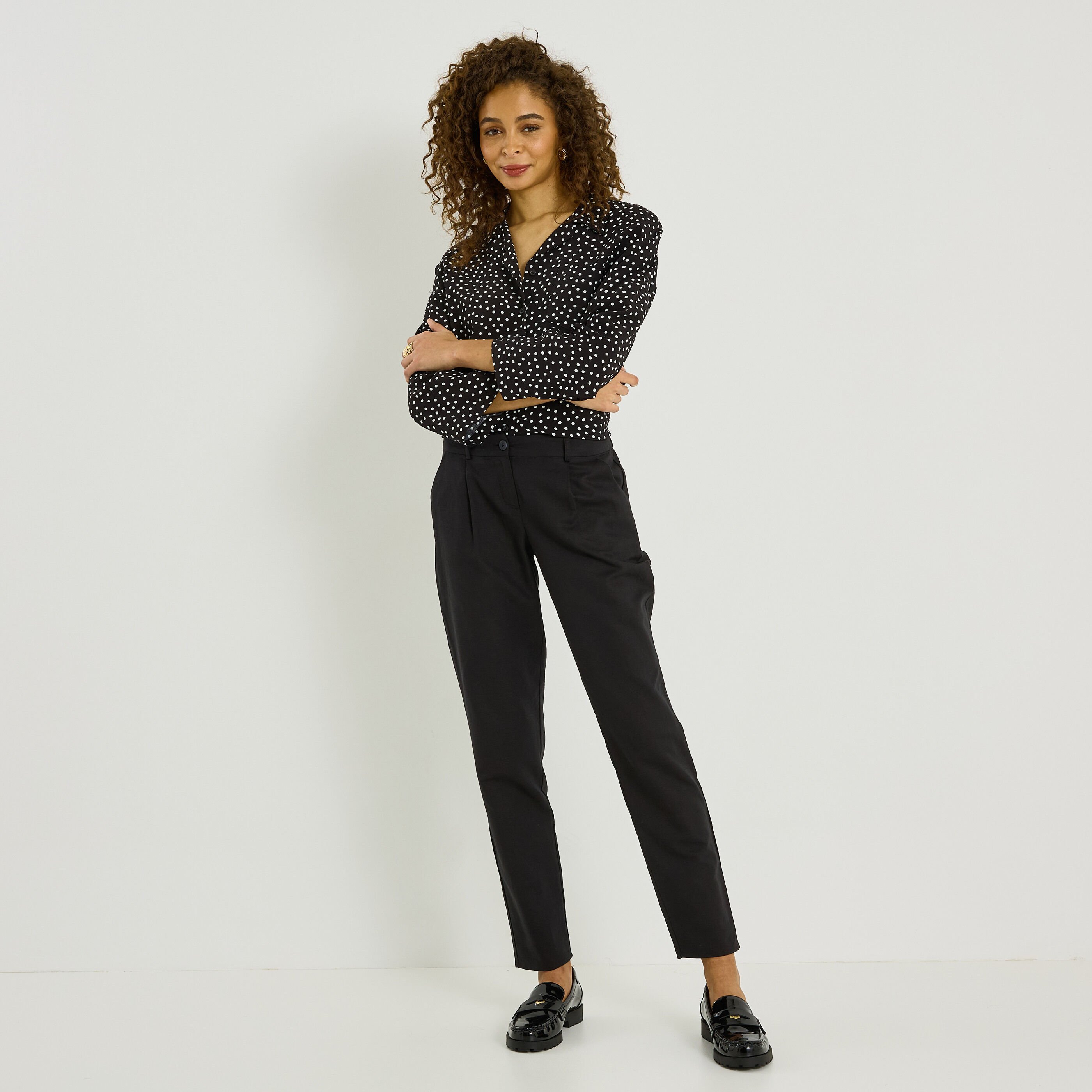 Pantalon &agrave; plis en lin m&eacute;lang&eacute; femme