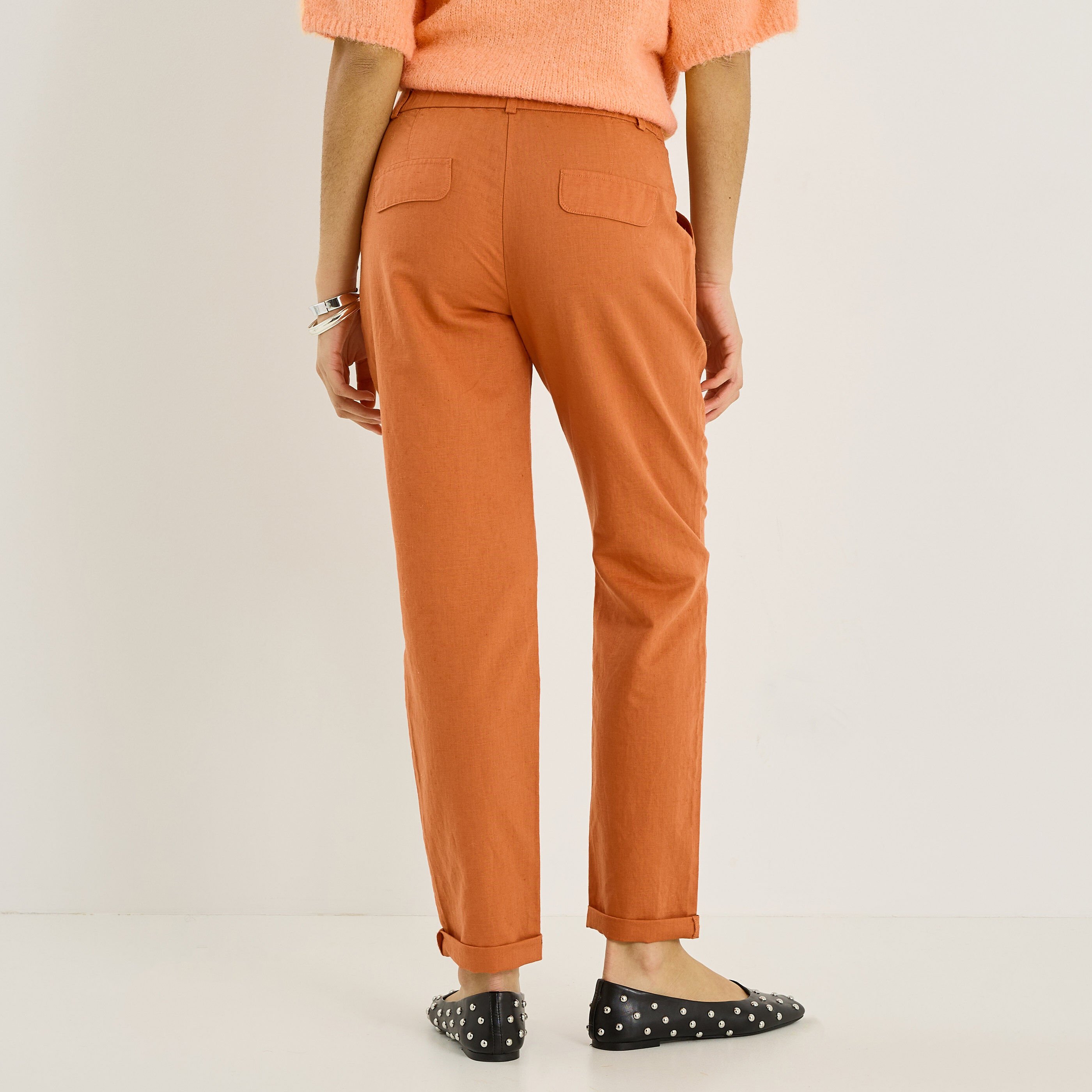 Pantalon &agrave; plis en lin m&eacute;lang&eacute; femme