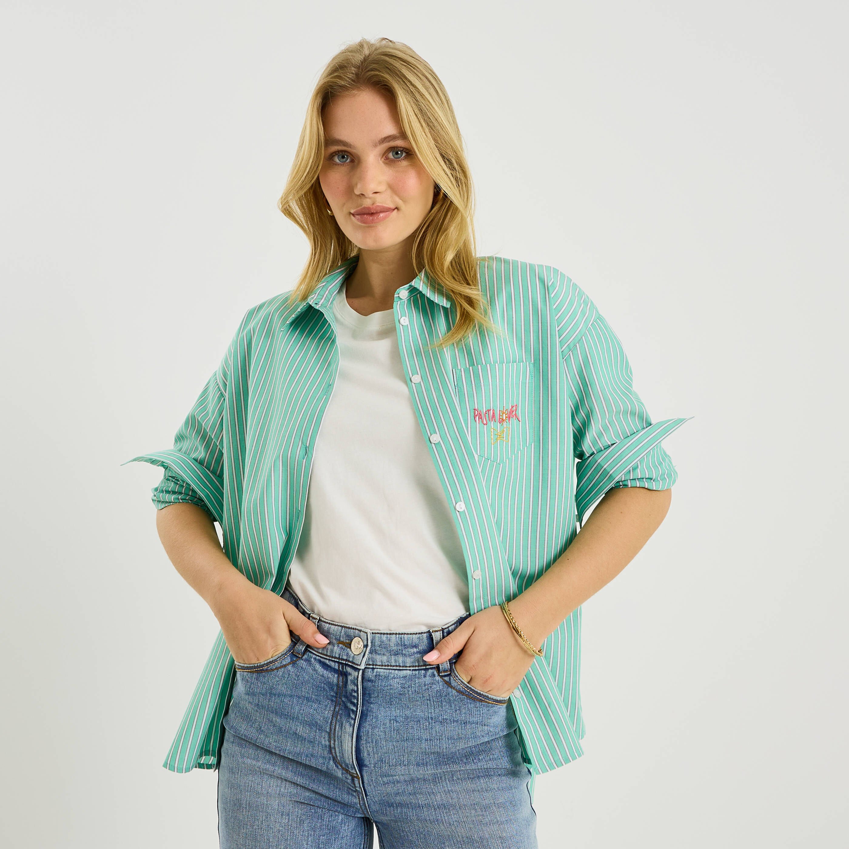 Chemise ray&eacute;e avec broderie femme