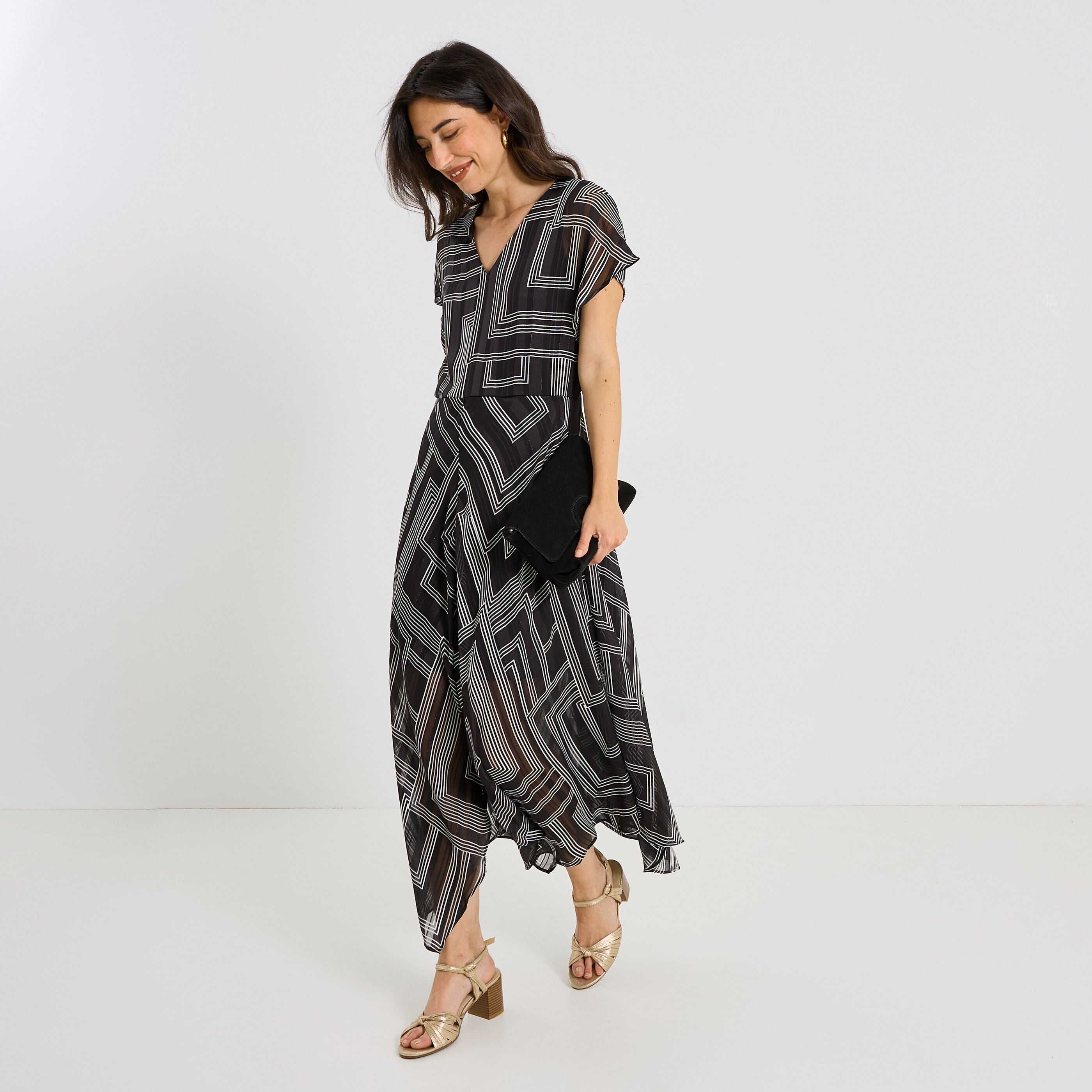 Robe longue habill&eacute;e imprim&eacute; g&eacute;om&eacute;trique