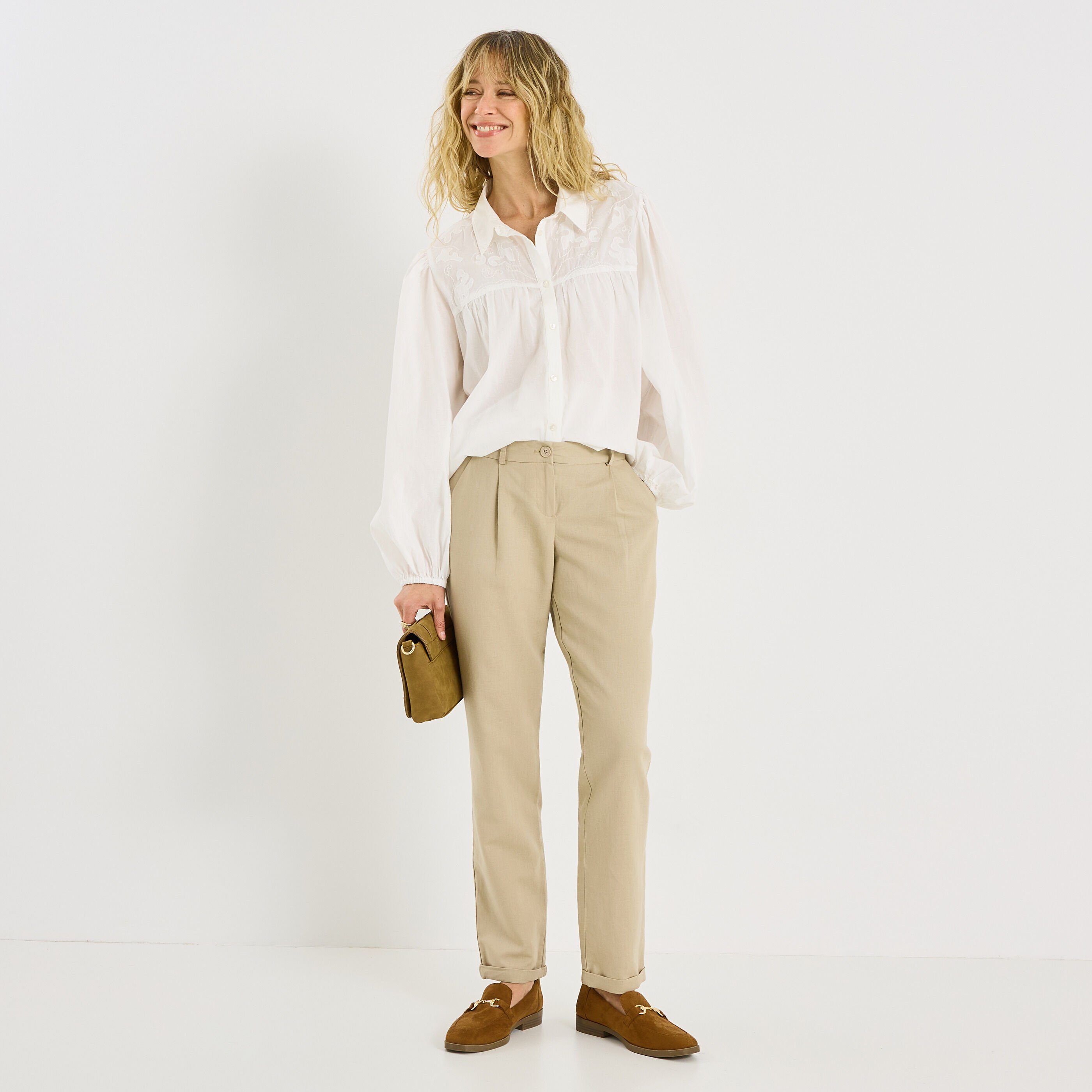 Pantalon &agrave; plis en lin m&eacute;lang&eacute; femme