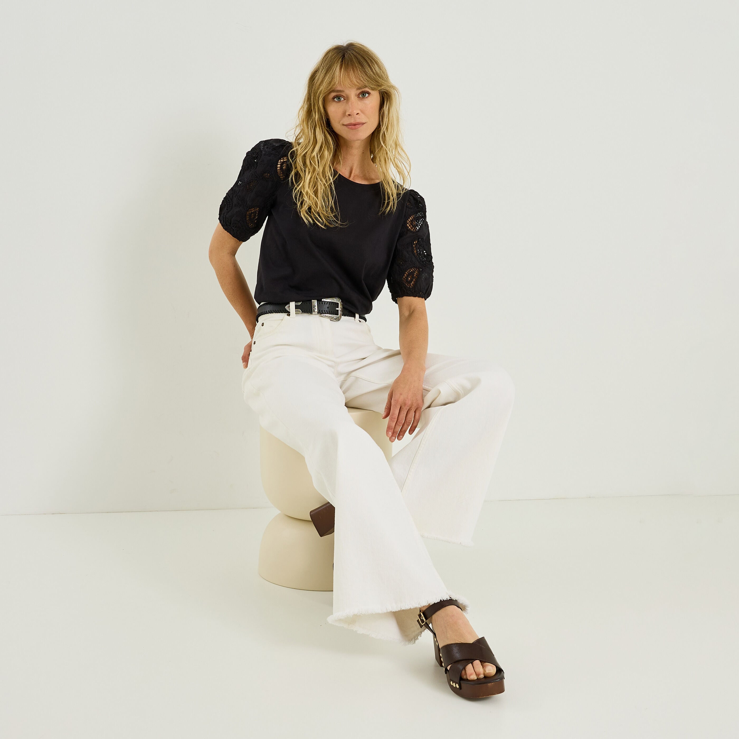 T-shirt manches broderie anglaise femme