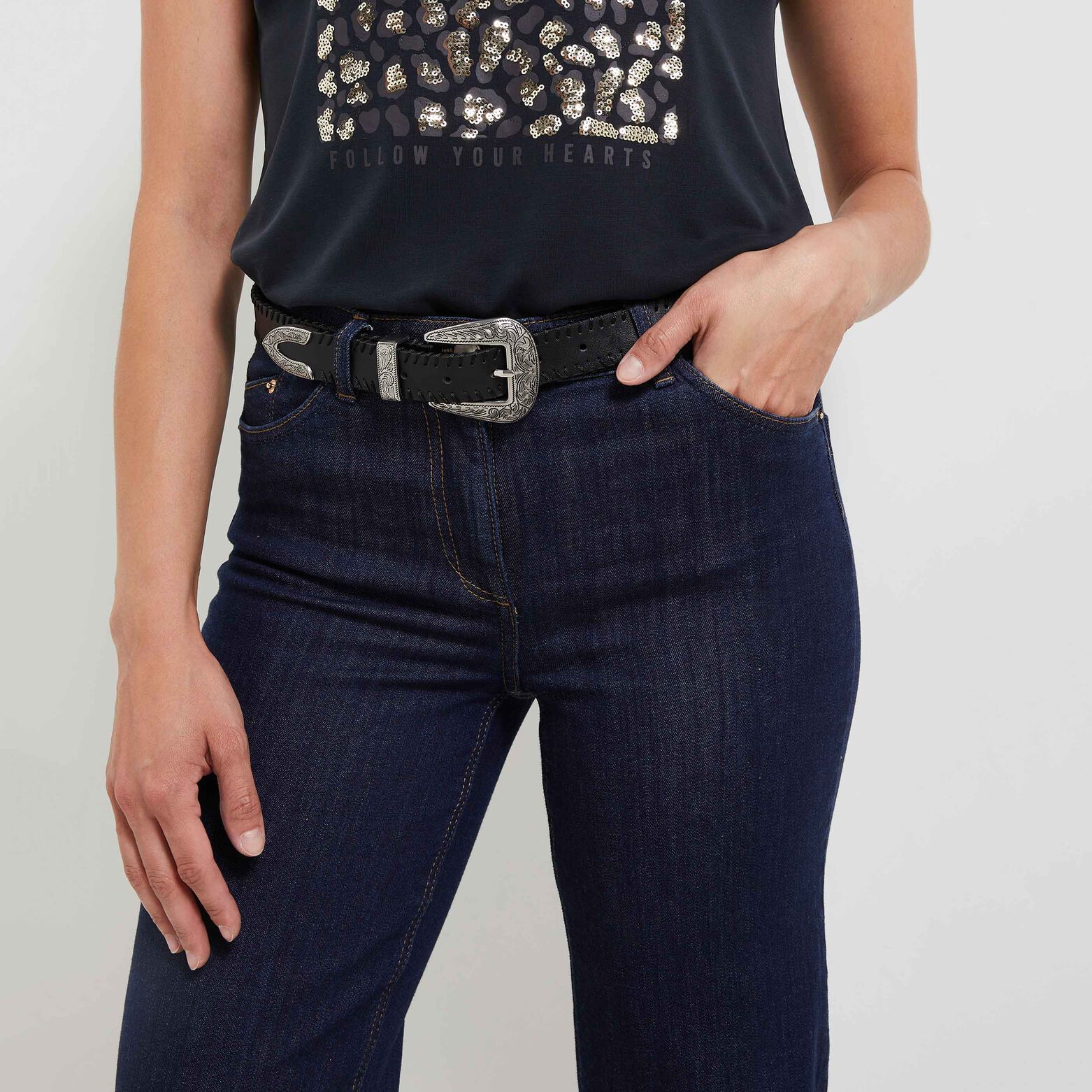 Ceinture boucle argentée femme