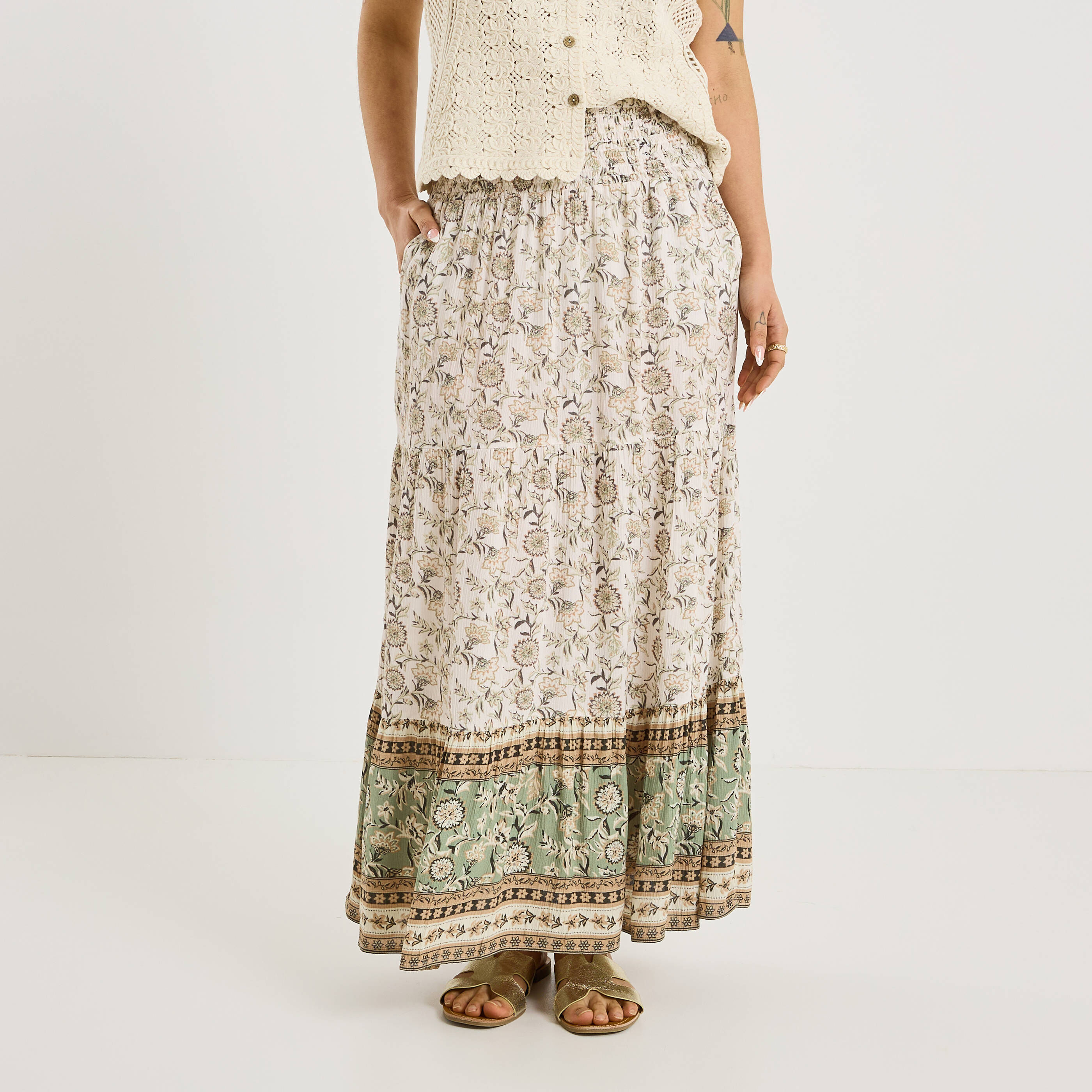 Jupe longue fluide imprim&eacute; floral