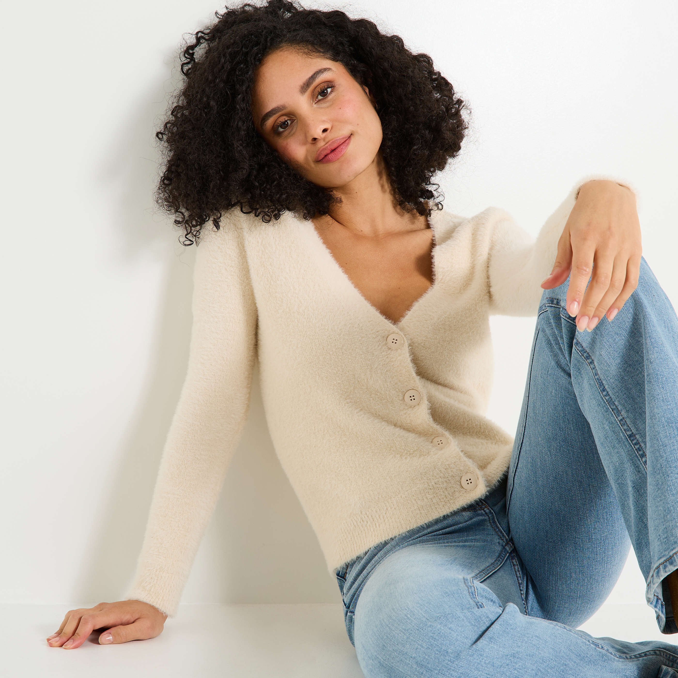 Gilet fluffy col V femme