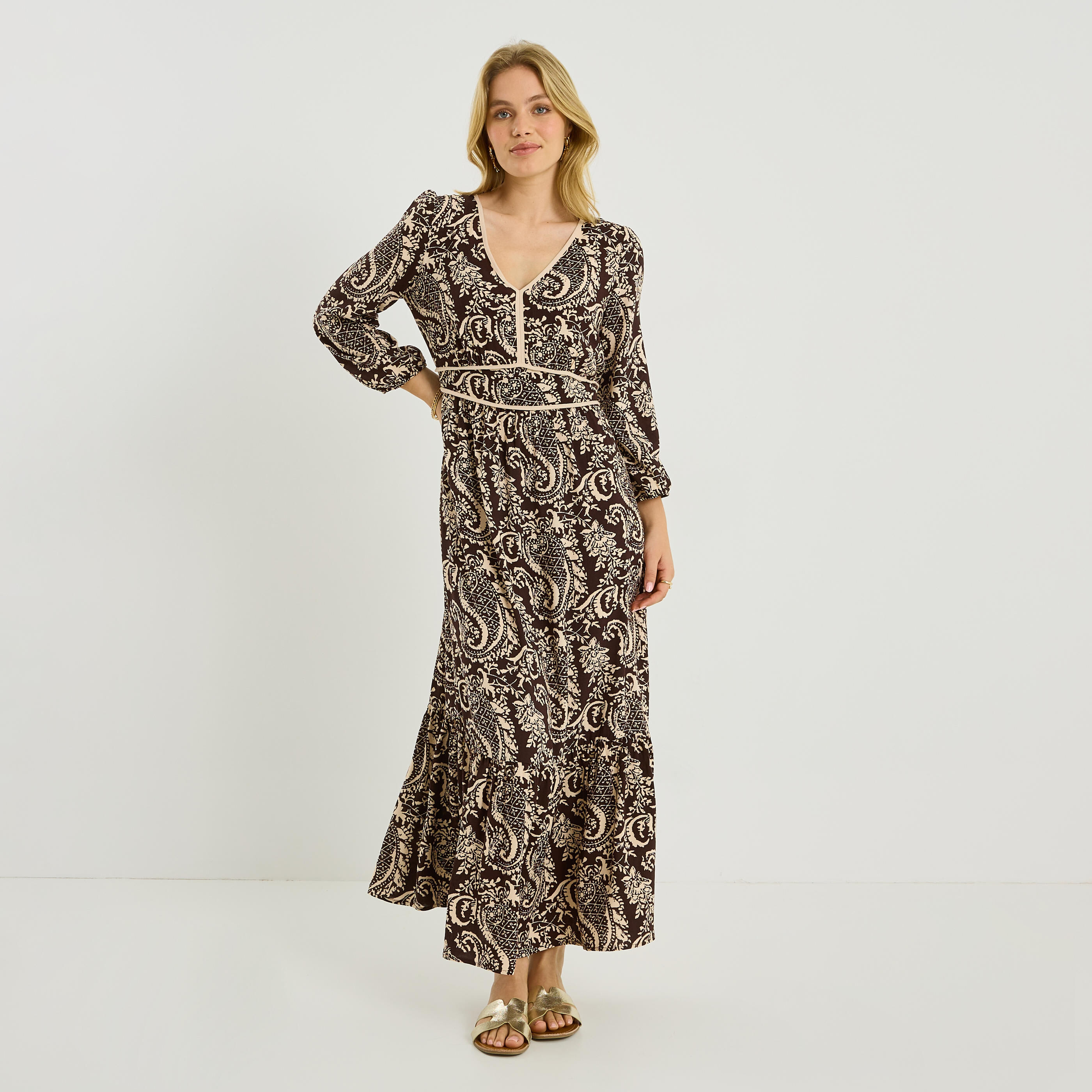 Robe longue imprim&eacute; cachemire 