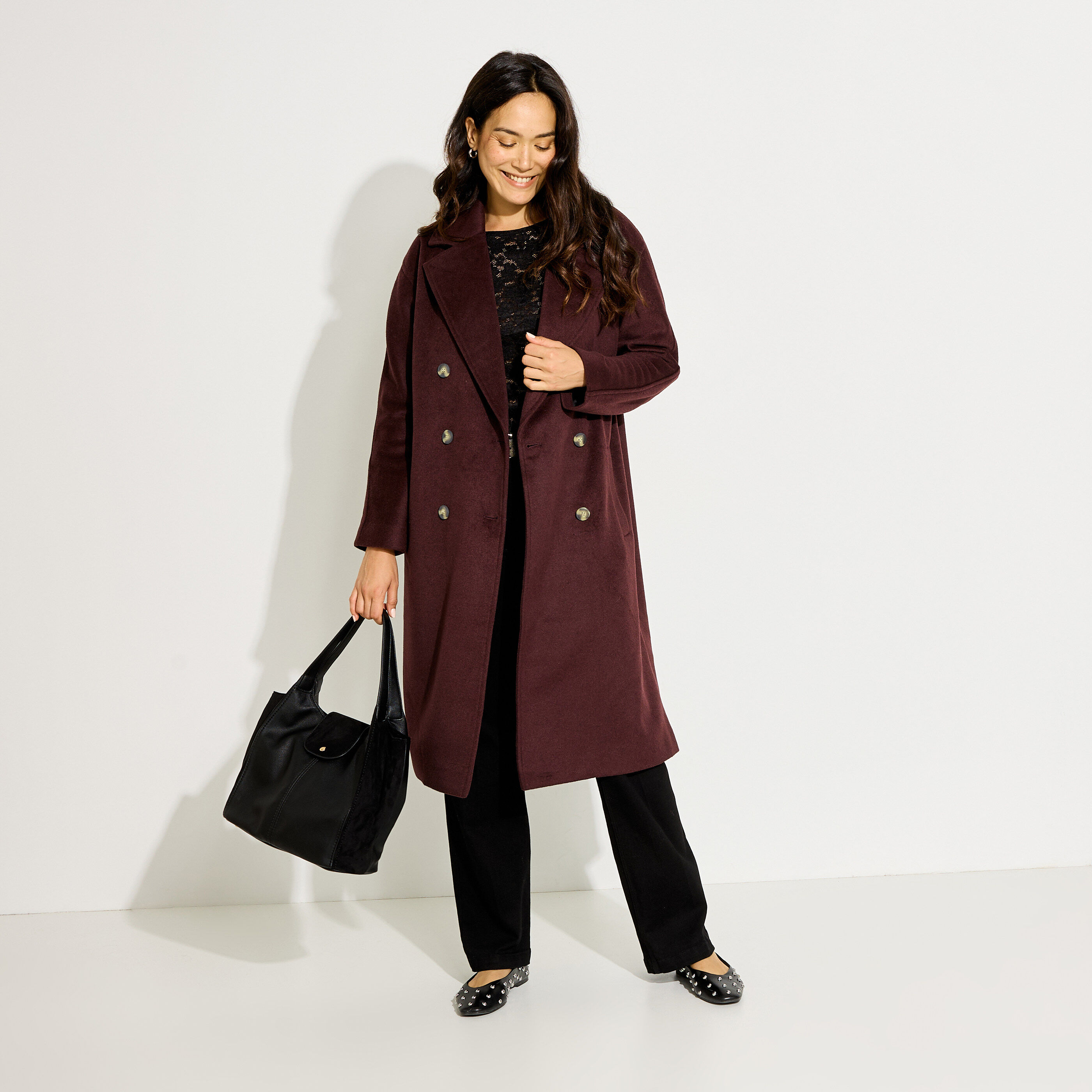 Manteau long double boutonnage femme