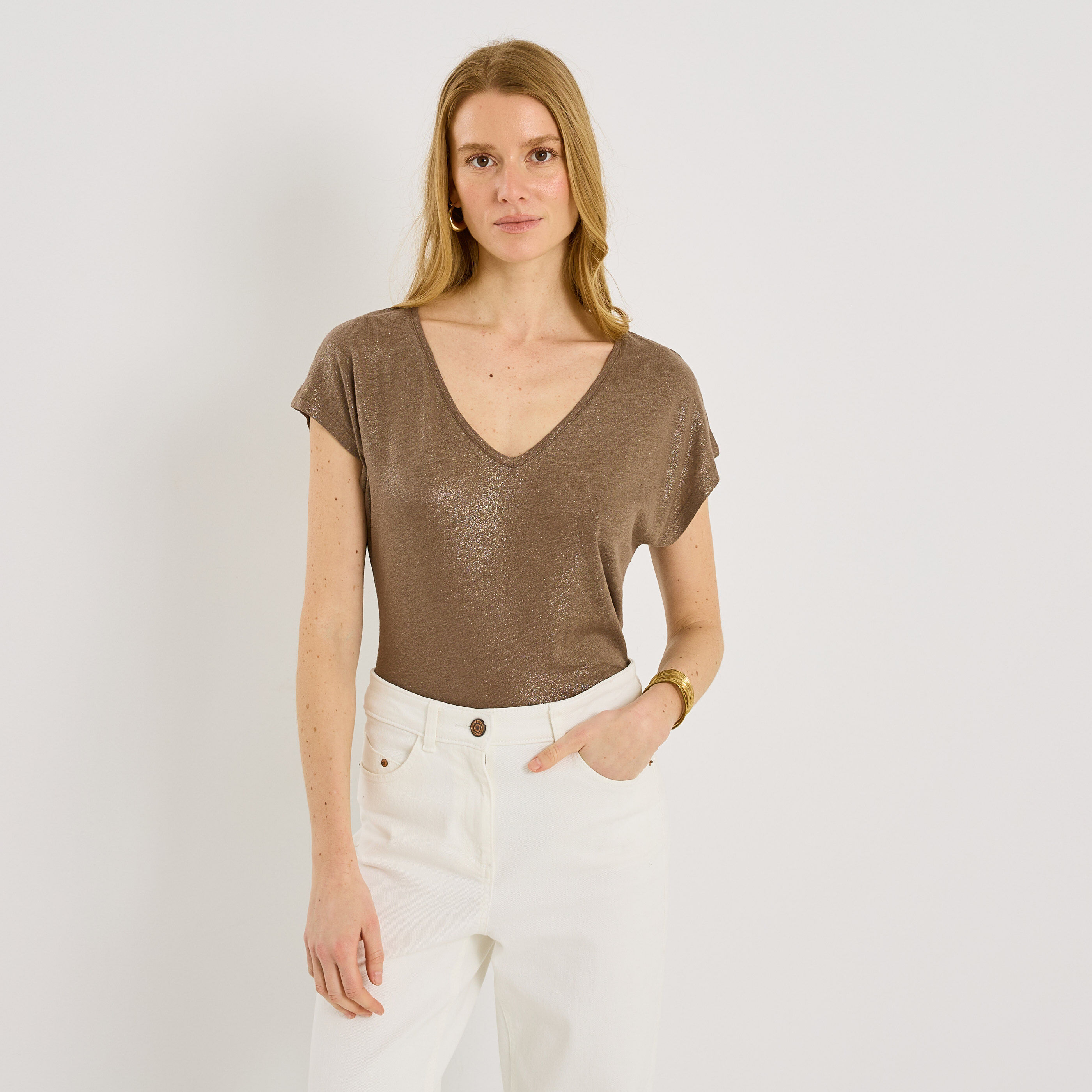 T-shirt en lin m&eacute;lang&eacute; brillant femme