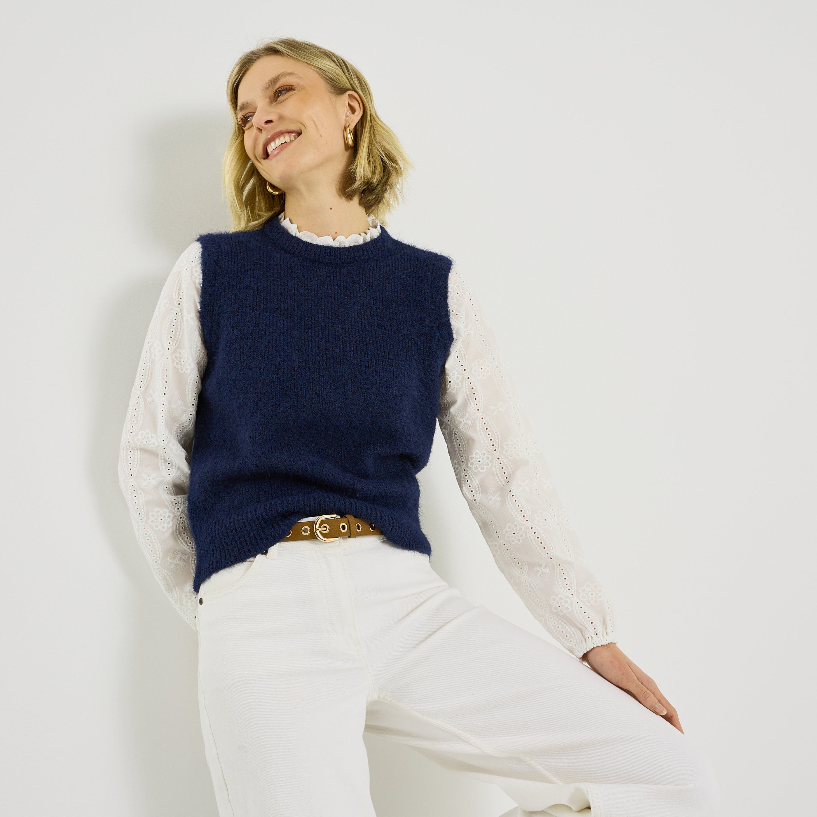 Pull bi-mati&egrave;re col montant femme