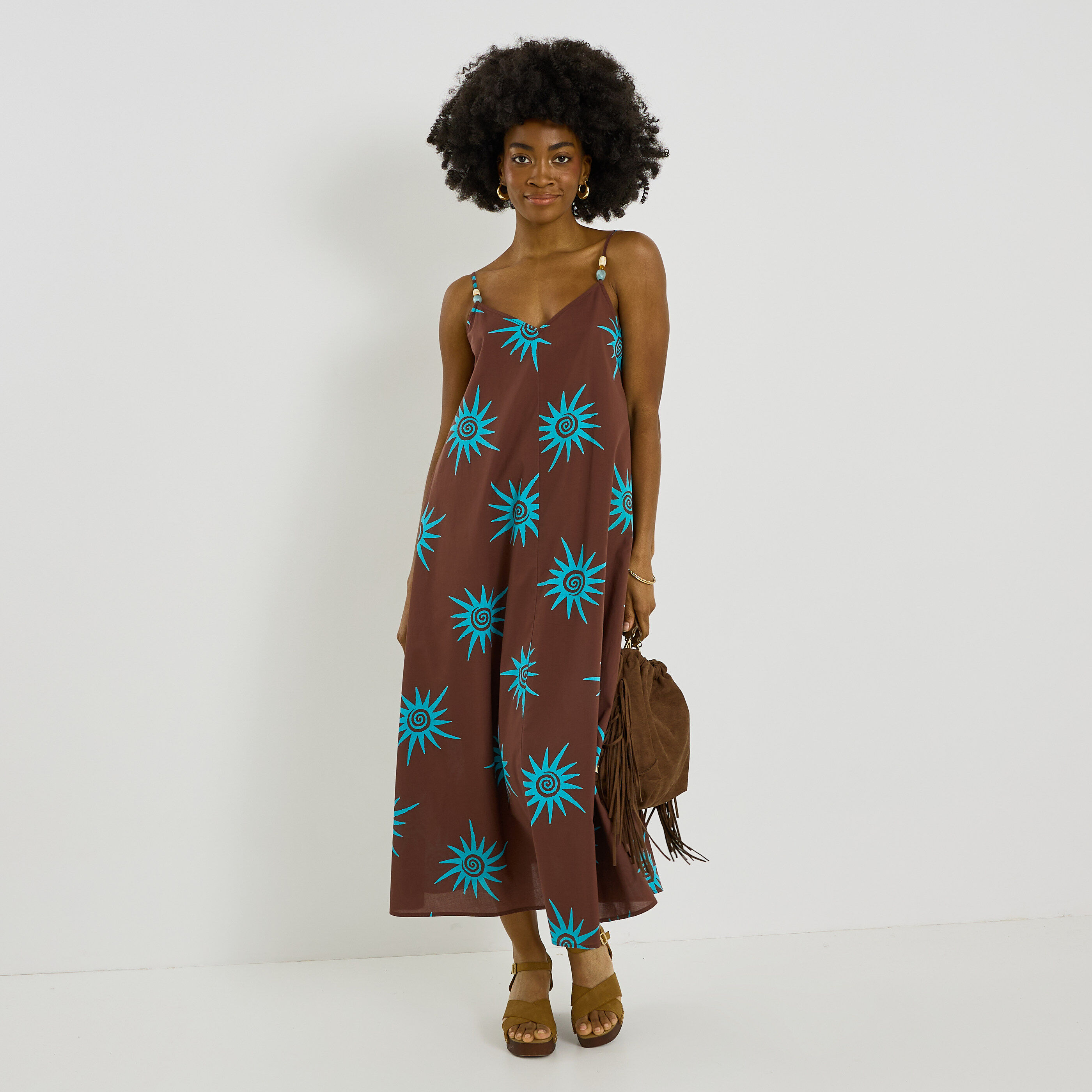 Robe longue imprim&eacute;e &agrave; fines bretelles