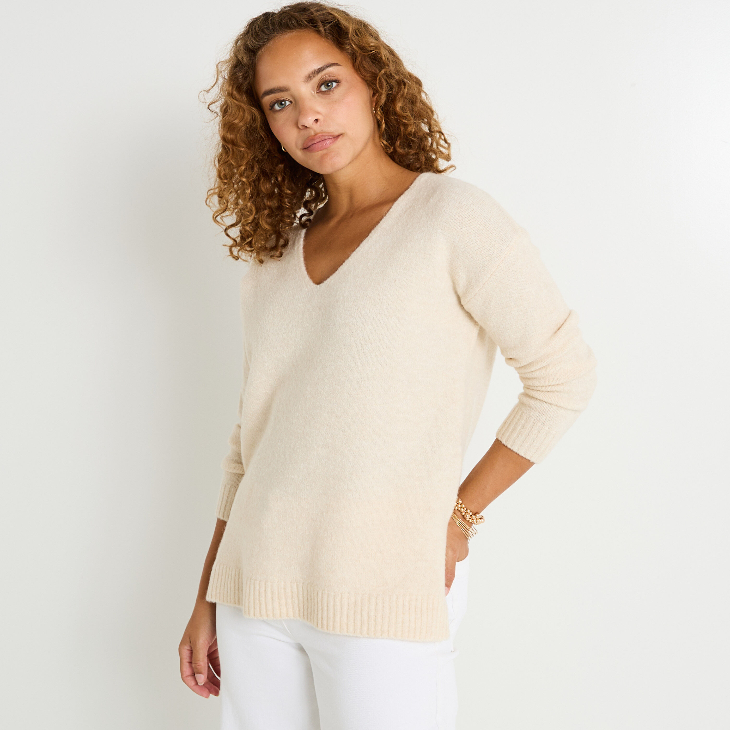 Pull col V femme