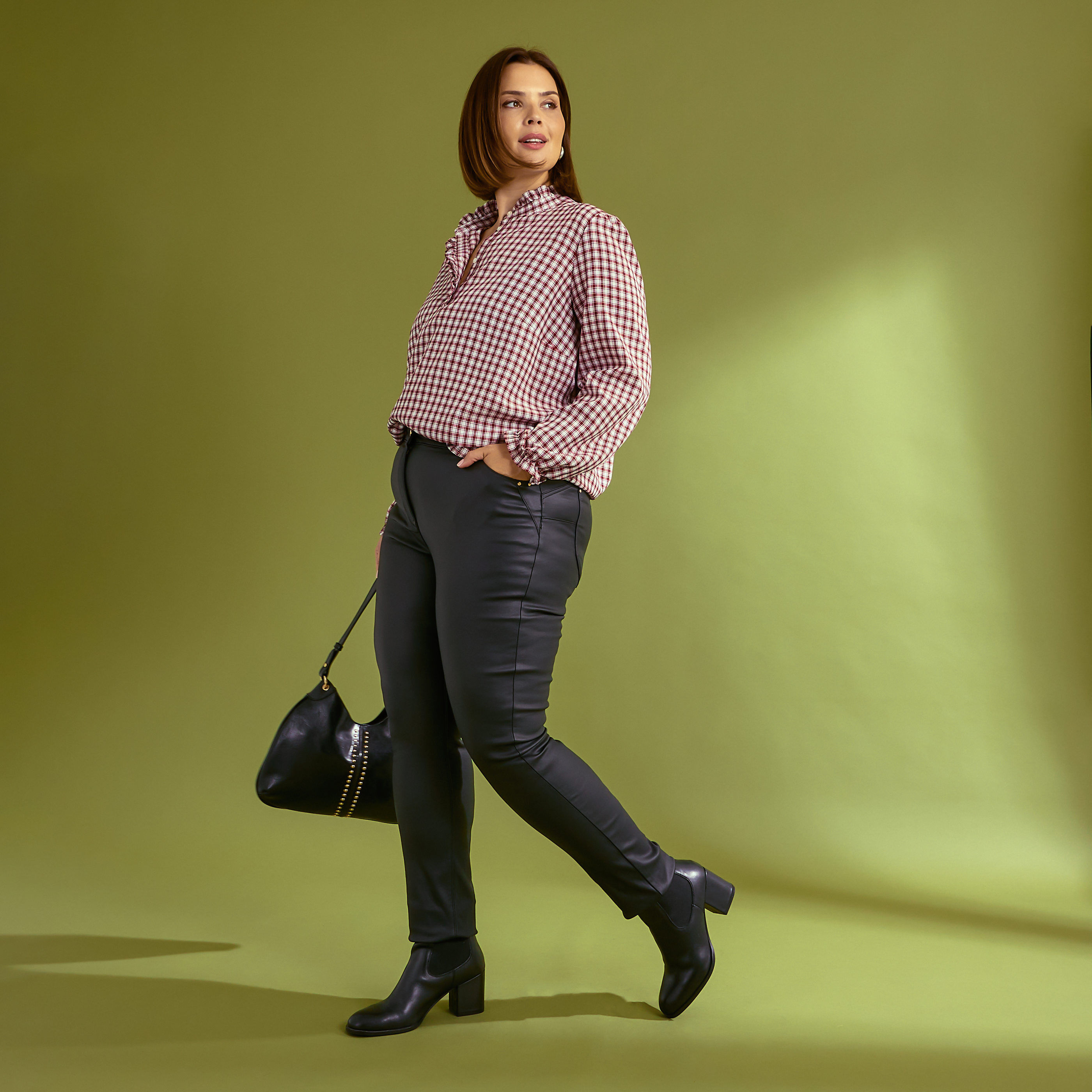 Blouse vichy &agrave; col montant femme