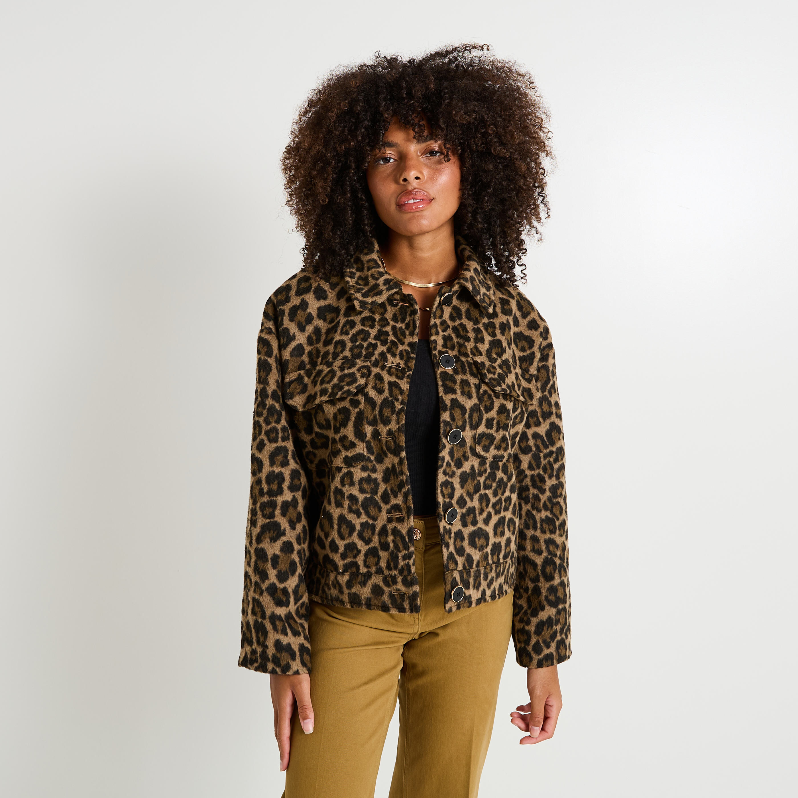 Manteau court imprim&eacute; l&eacute;opard femme