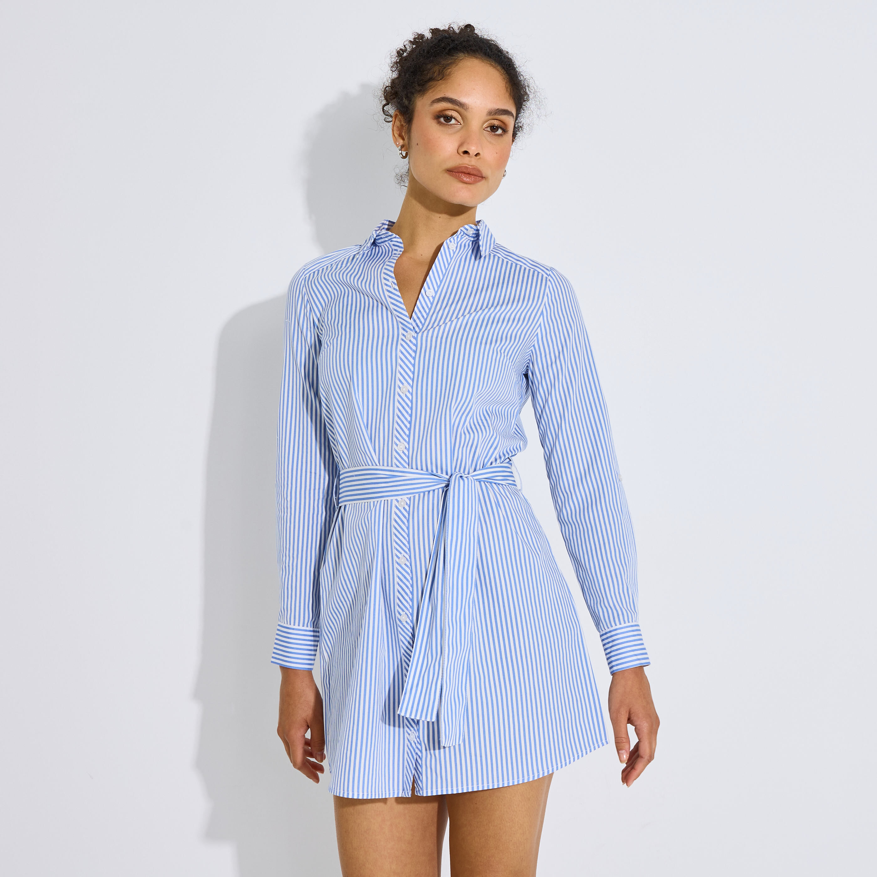 Robe chemisier ray&eacute;e manches longues