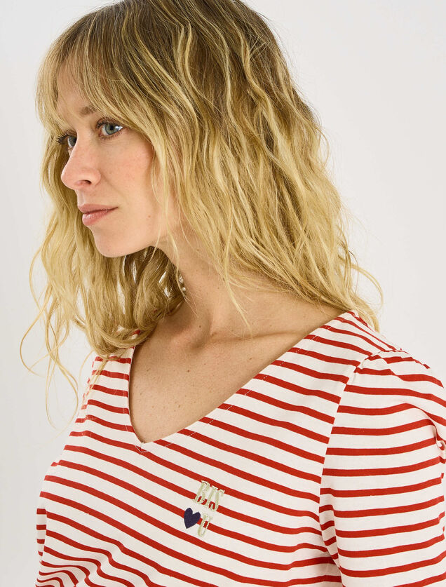 T-shirt ray&eacute; col V avec broderie femme