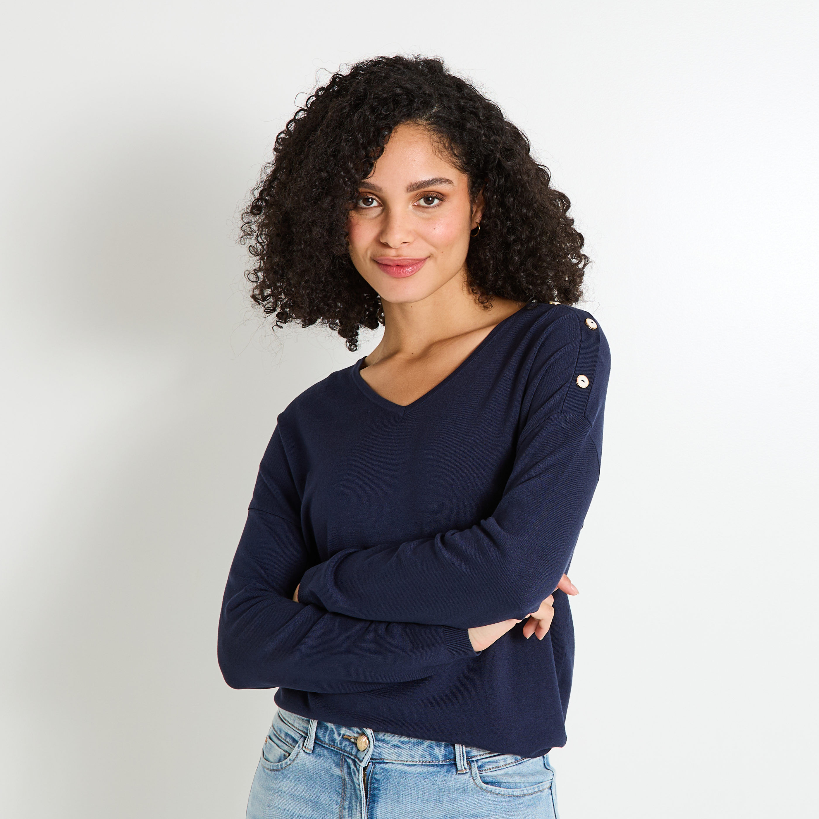 Pull uni &agrave; col V femme