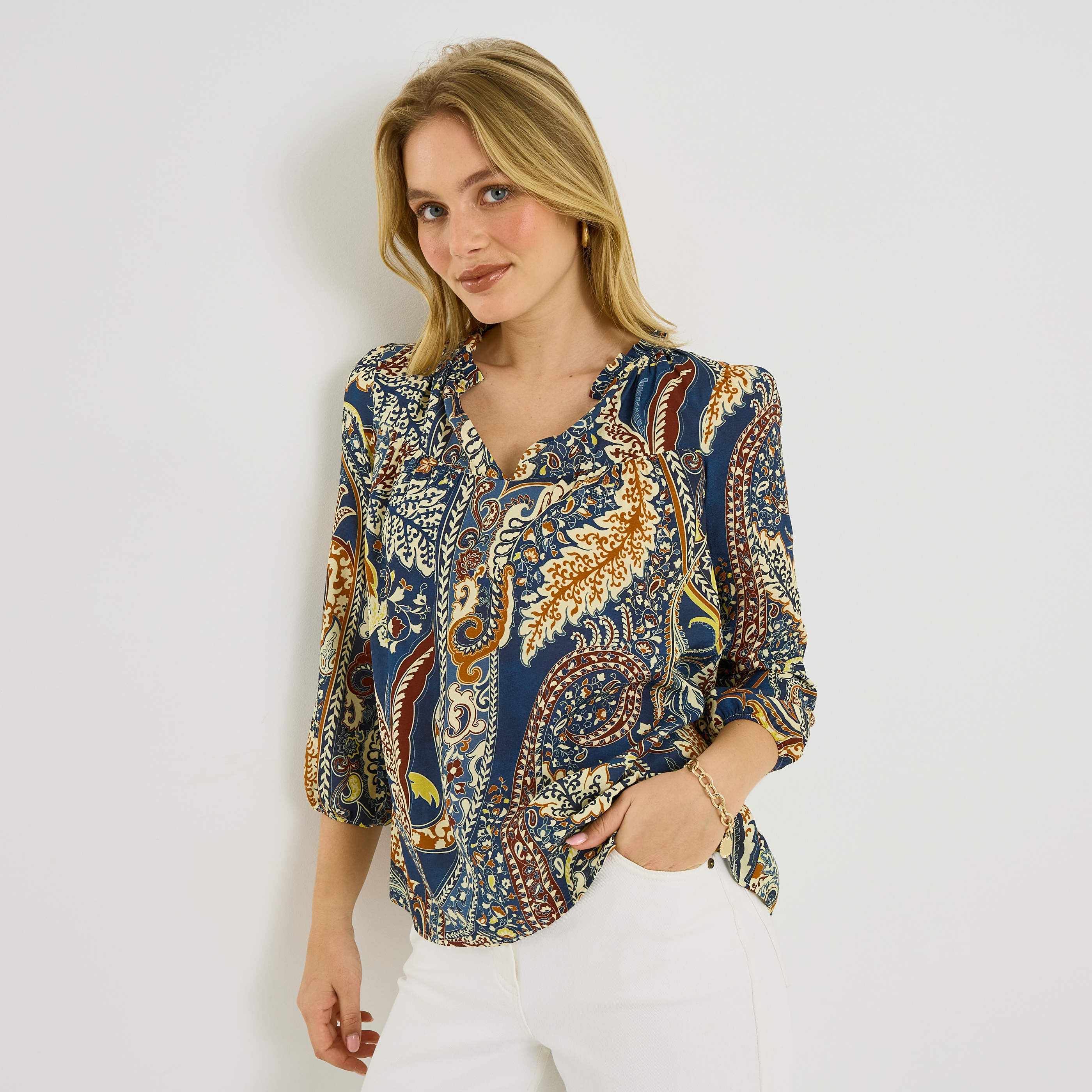 Blouse col V imprim&eacute; paisley femme