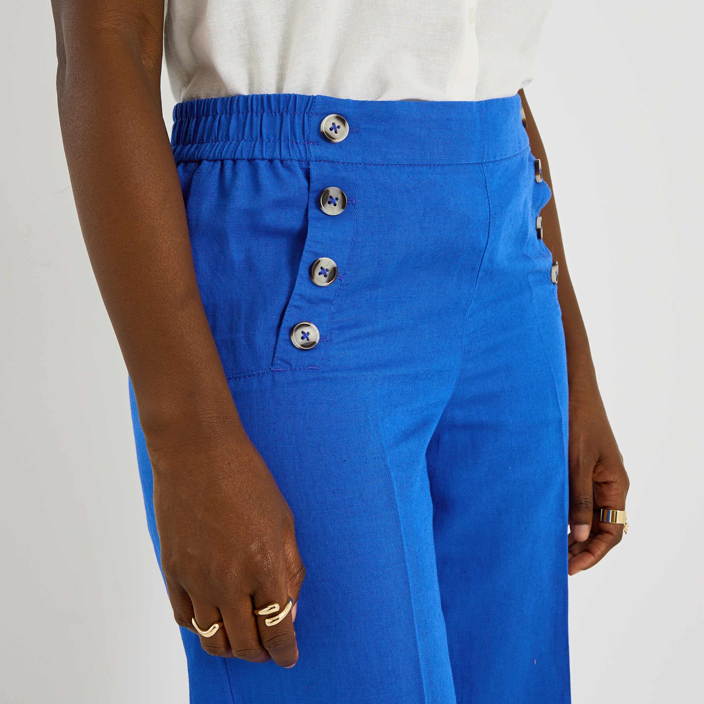 Pantalon &agrave; pont en lin m&eacute;lang&eacute; femme