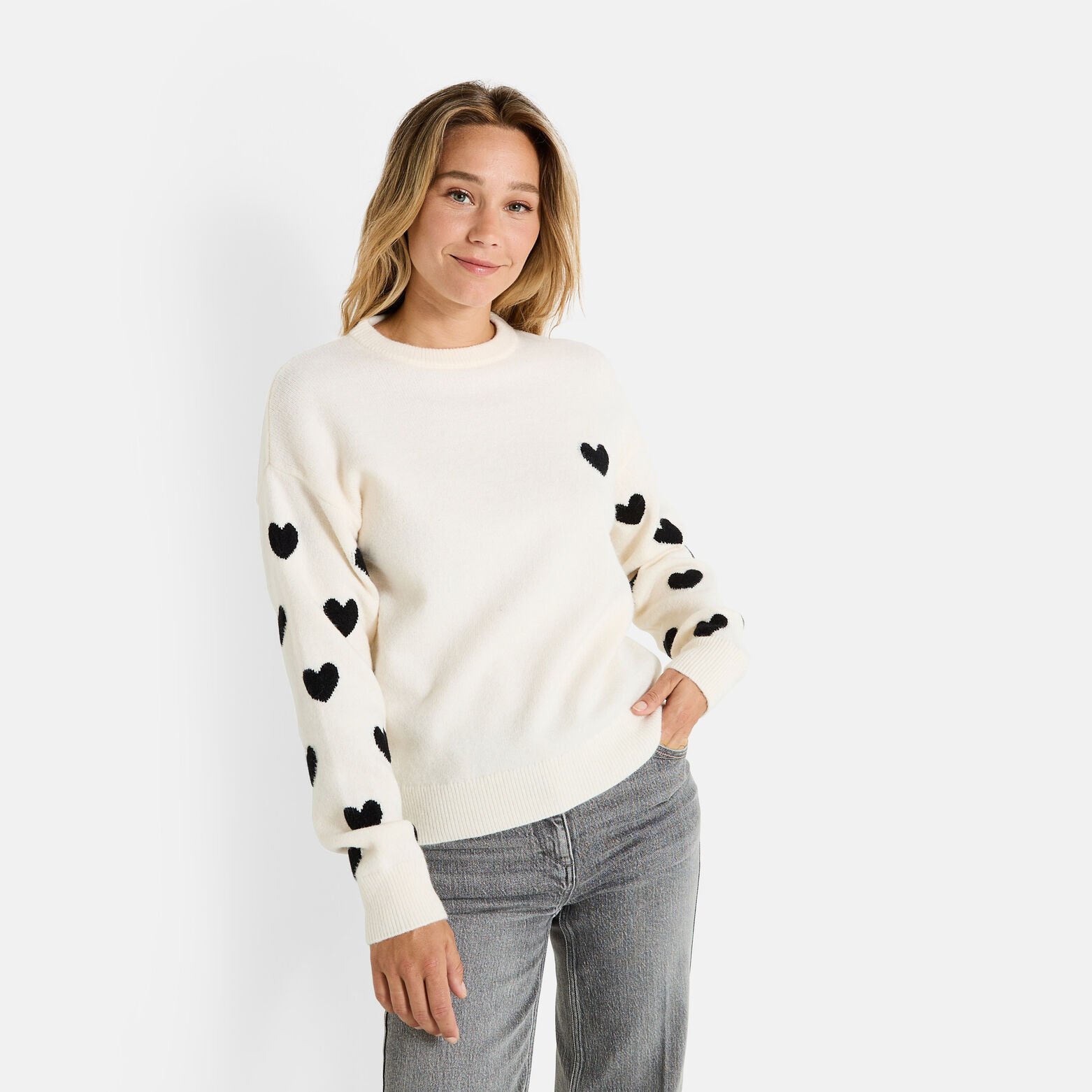 Pull col rond imprimé cœurs femme