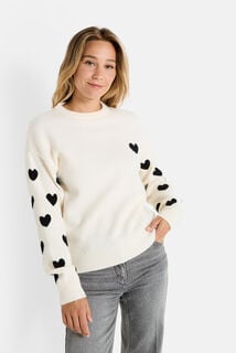 Pull col rond imprimé cœurs femme