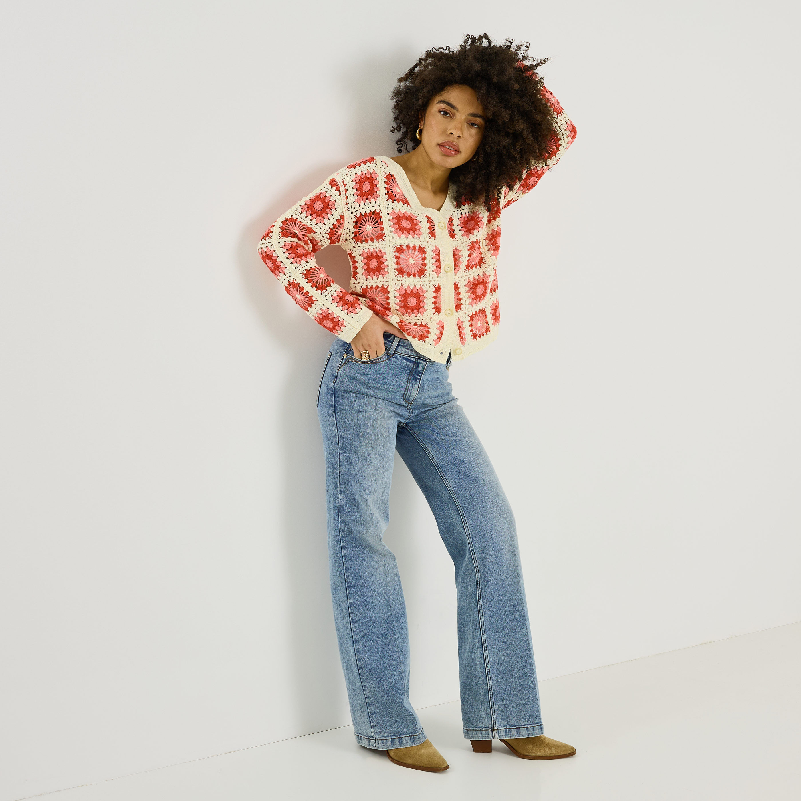 Gilet col V en crochet femme