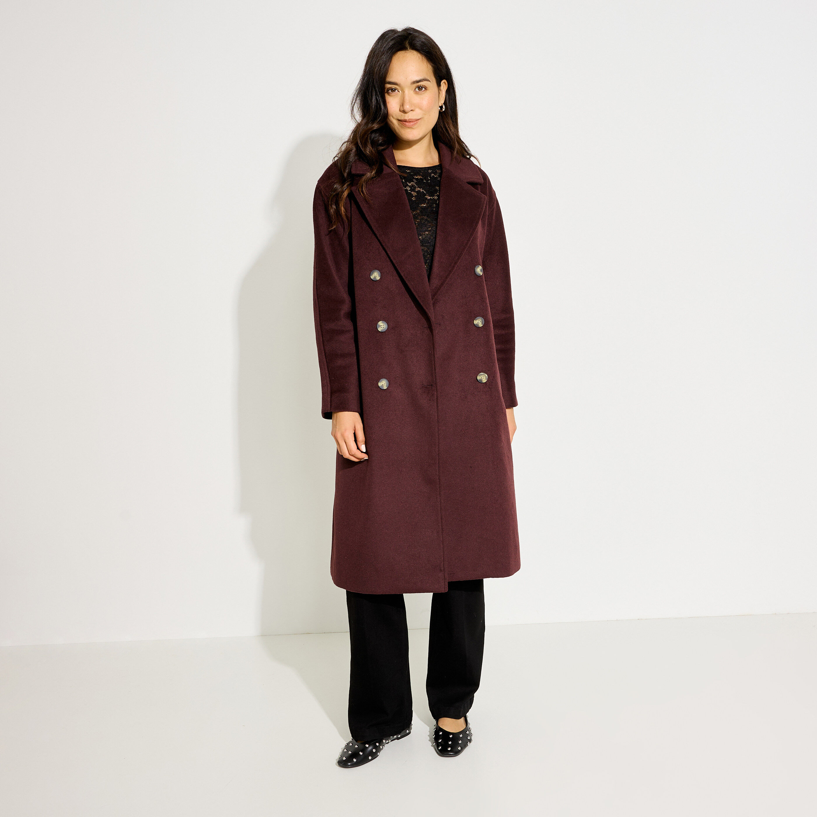 Manteau long double boutonnage femme