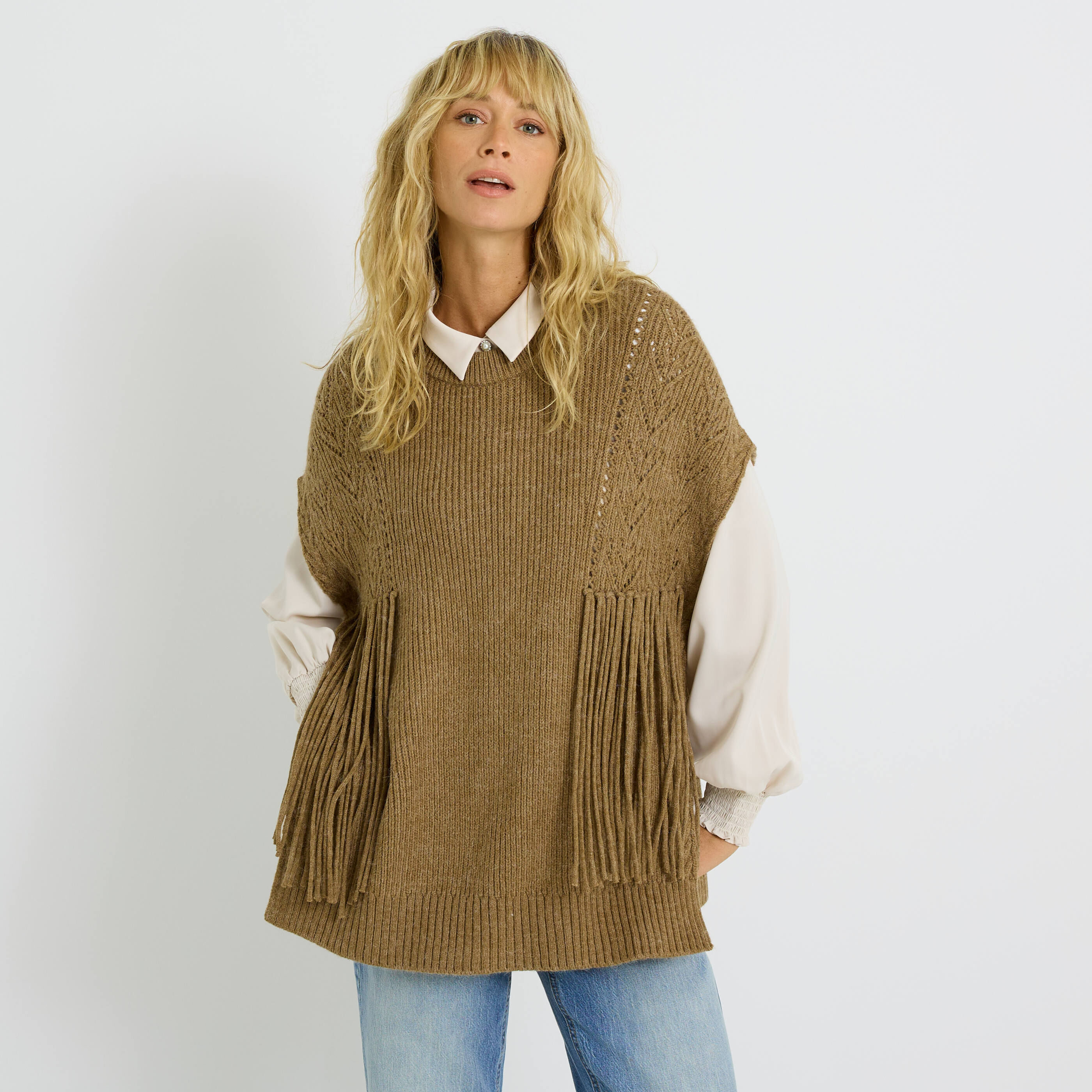 Pull sans manches à franges femme CAMEL Graindemalice