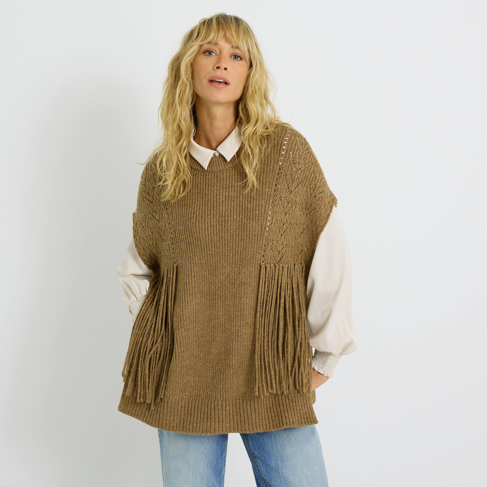Pull sans manches à franges femme