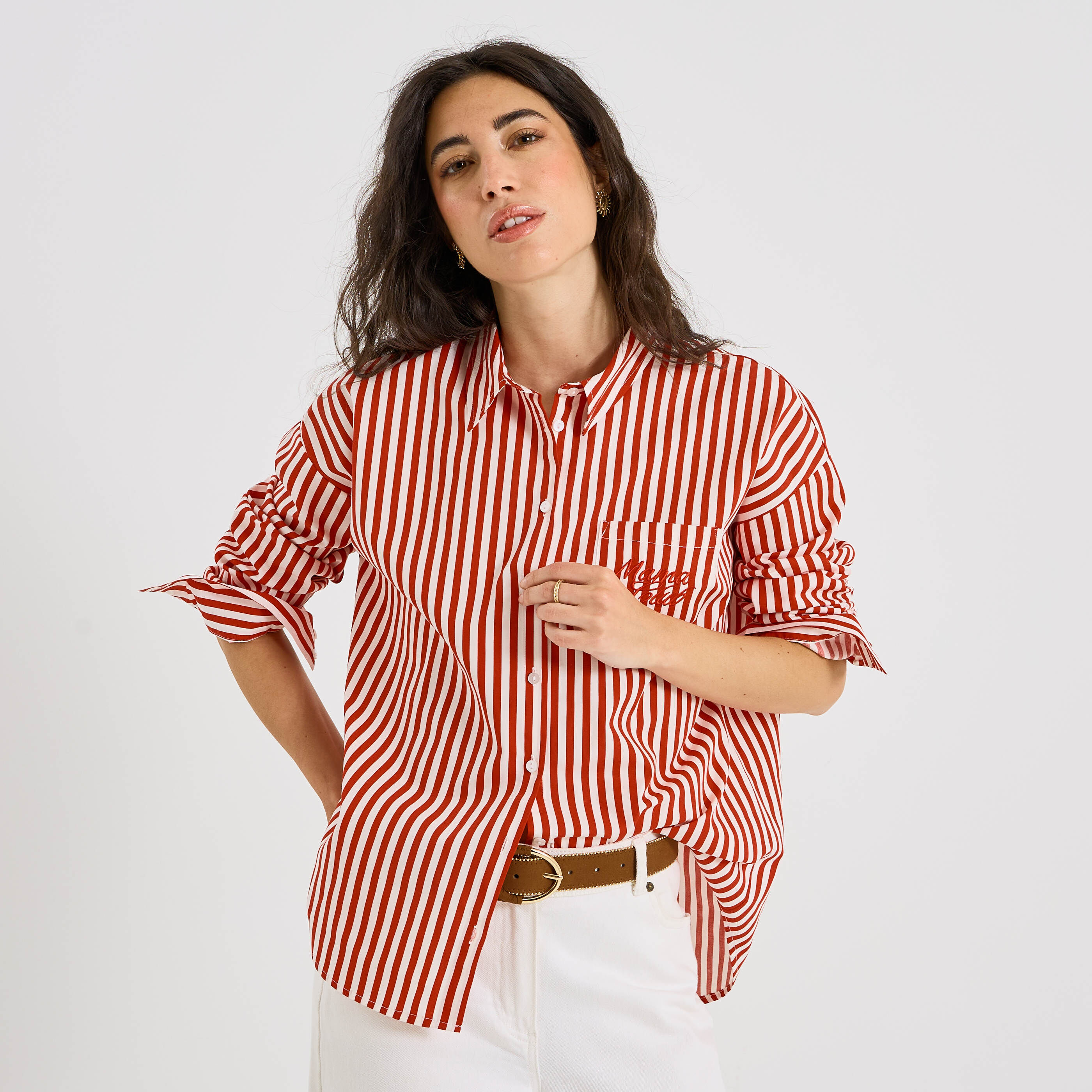 Chemise &agrave; rayures avec broderie femme