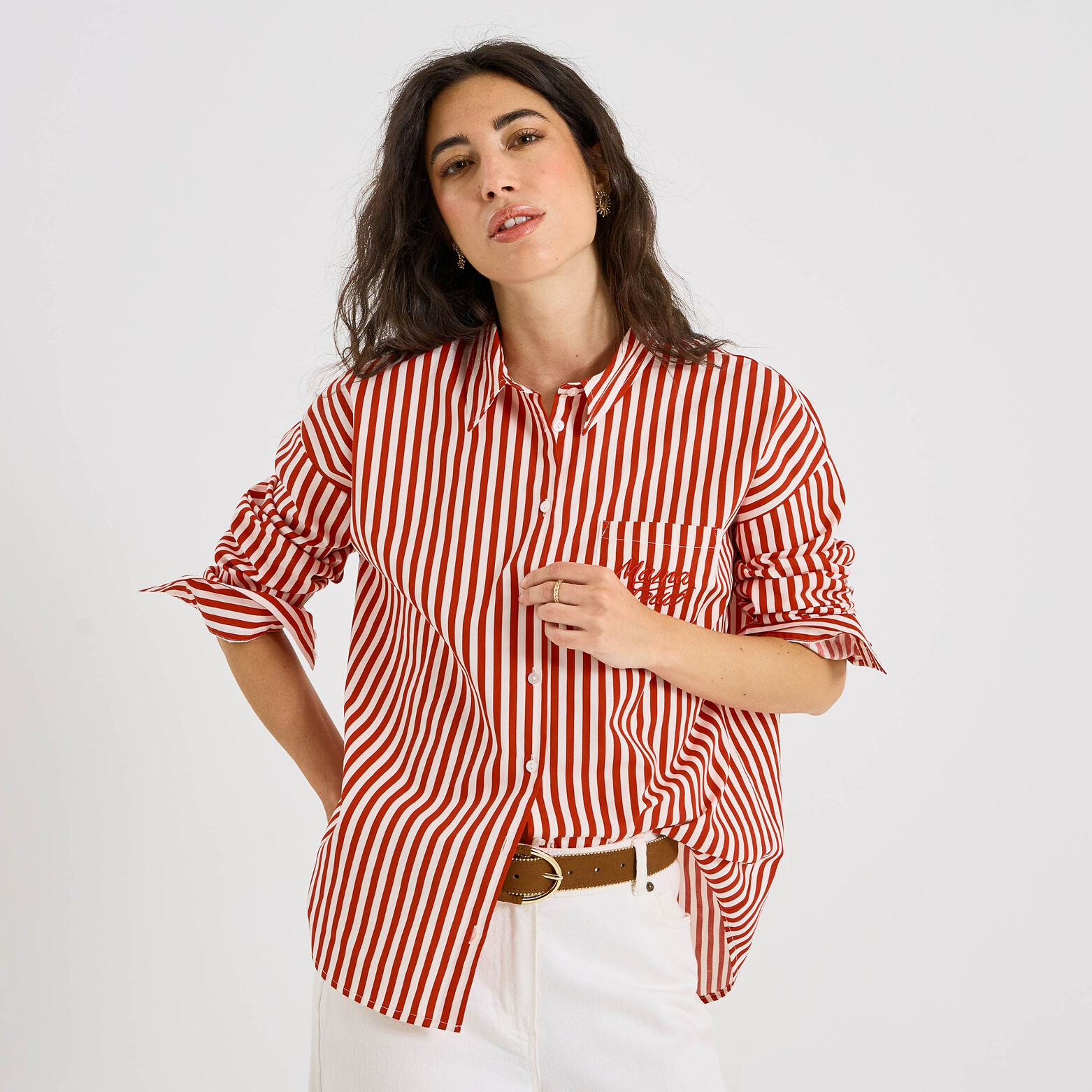 Chemise Business Rayures Rouges Chemise à rayures avec broderie femme ROUGE | Graindemalice