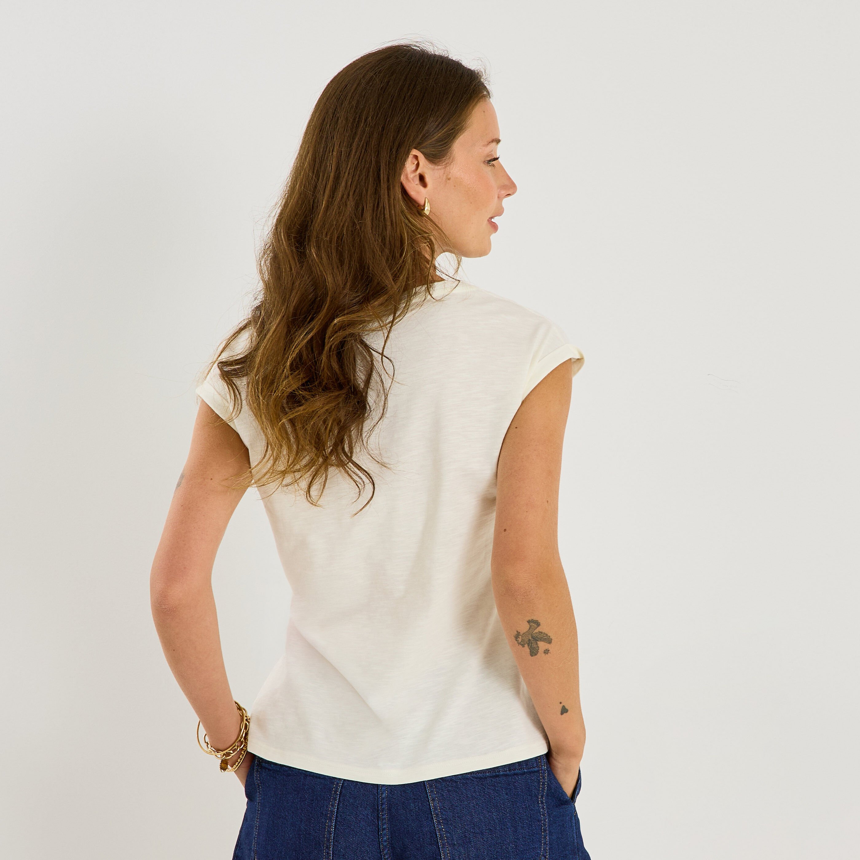 T-shirt col rond broderie palmier femme
