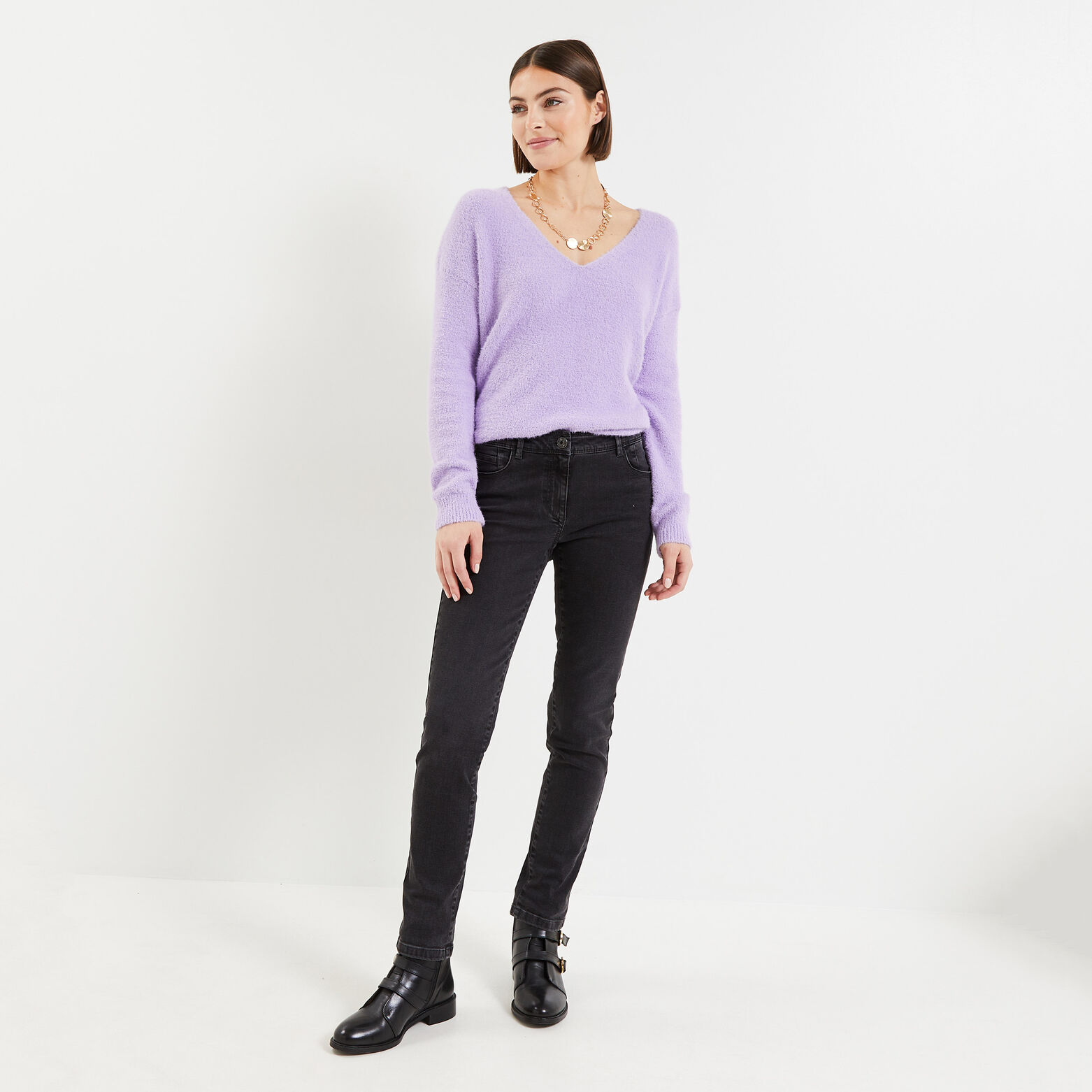 Pull fluffy col V femme